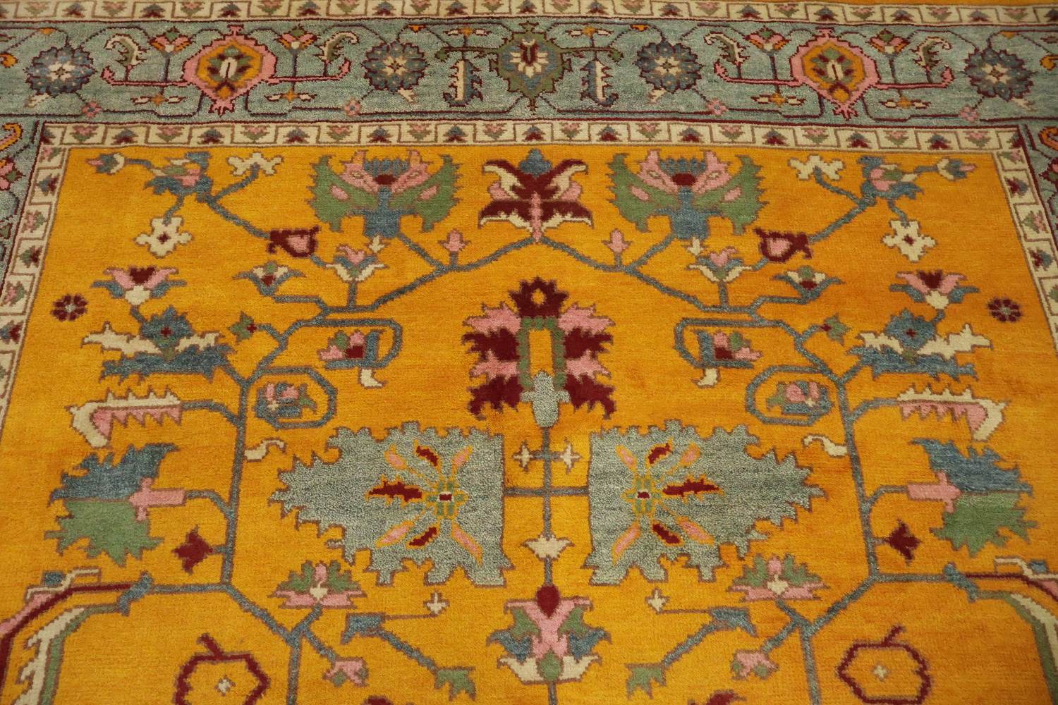 Rich Yellow Turkish-Style Rug Features Elegant Floral Patterns 9x12