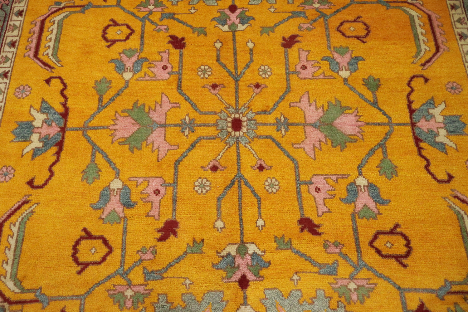Rich Yellow Turkish-Style Rug Features Elegant Floral Patterns 9x12