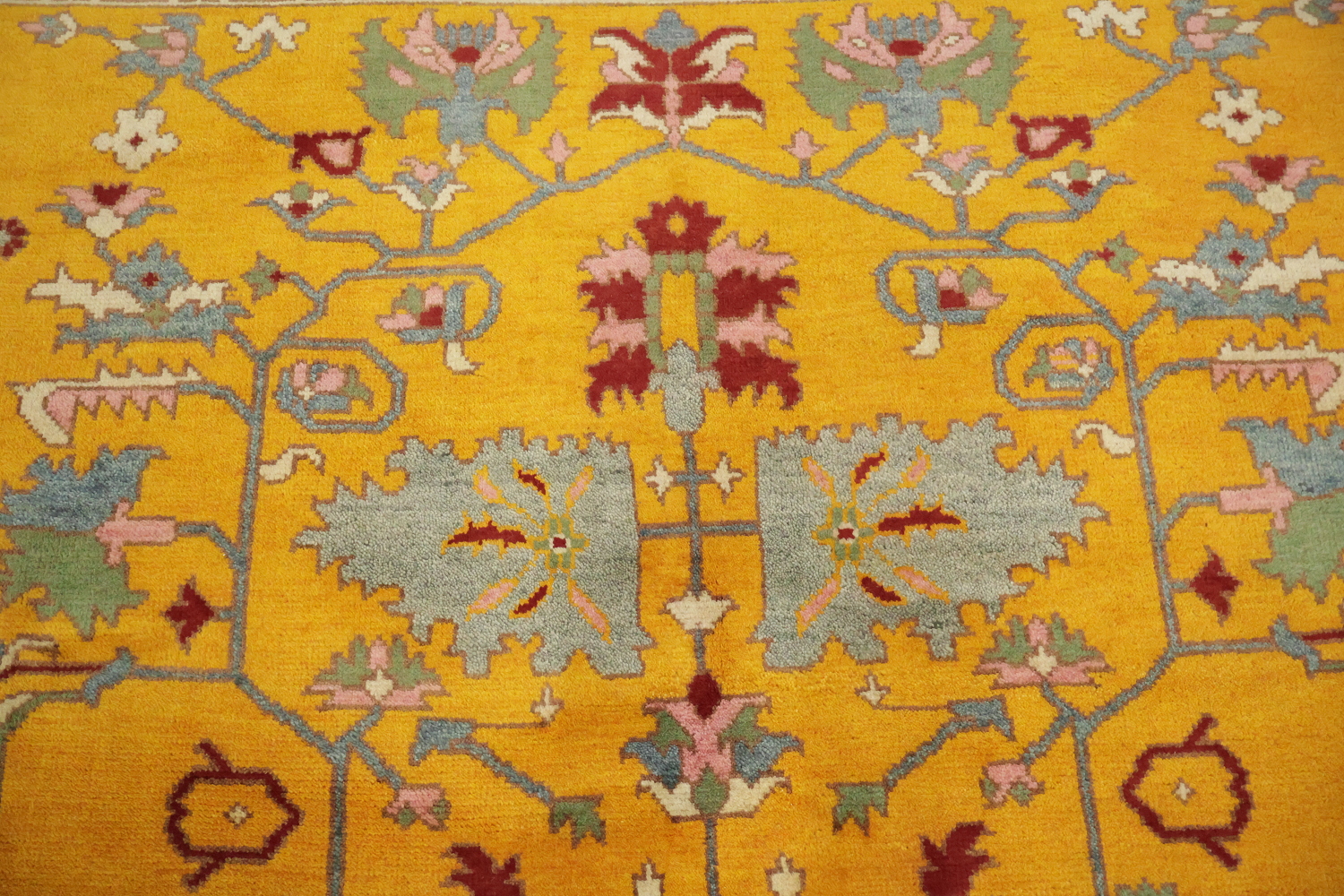 Rich Yellow Turkish-Style Rug Features Elegant Floral Patterns 9x12
