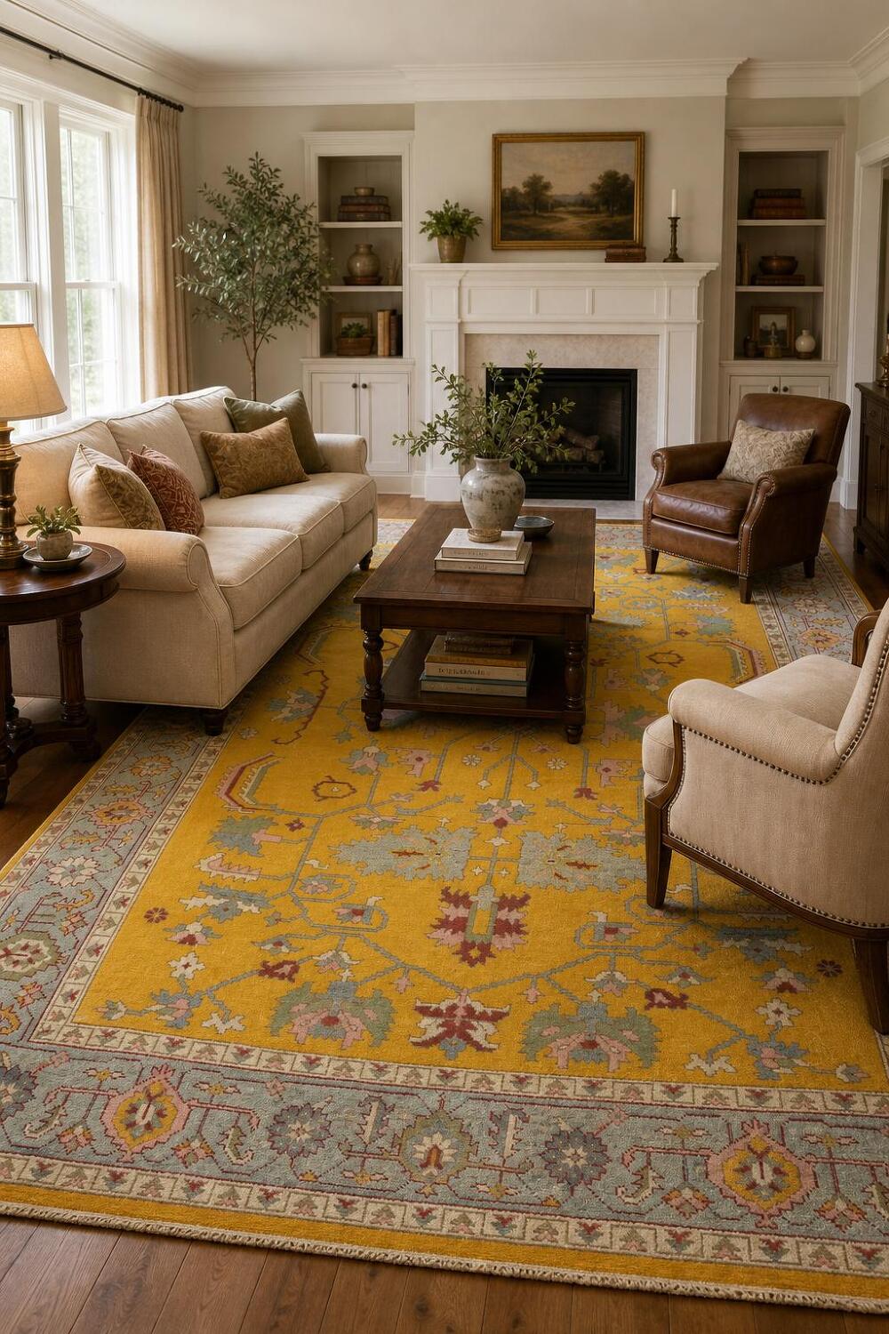 Rich Yellow Turkish-Style Rug Features Elegant Floral Patterns 9x12
