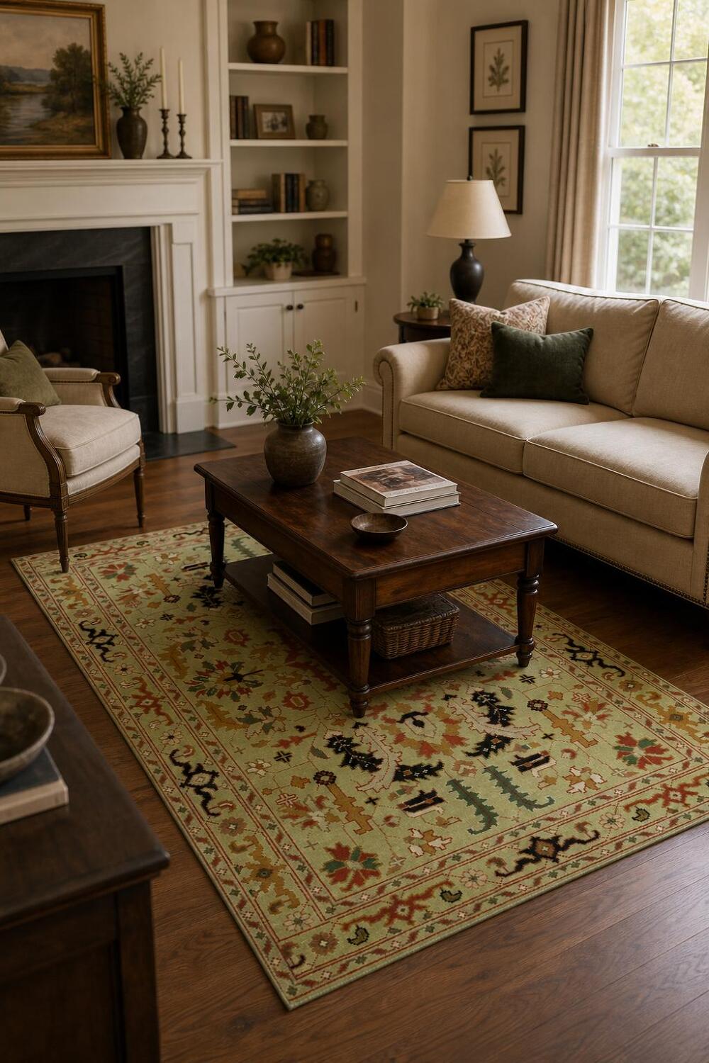Green All-Over Ziegler Hand-Knotted Wool Area Rug 5'x8'