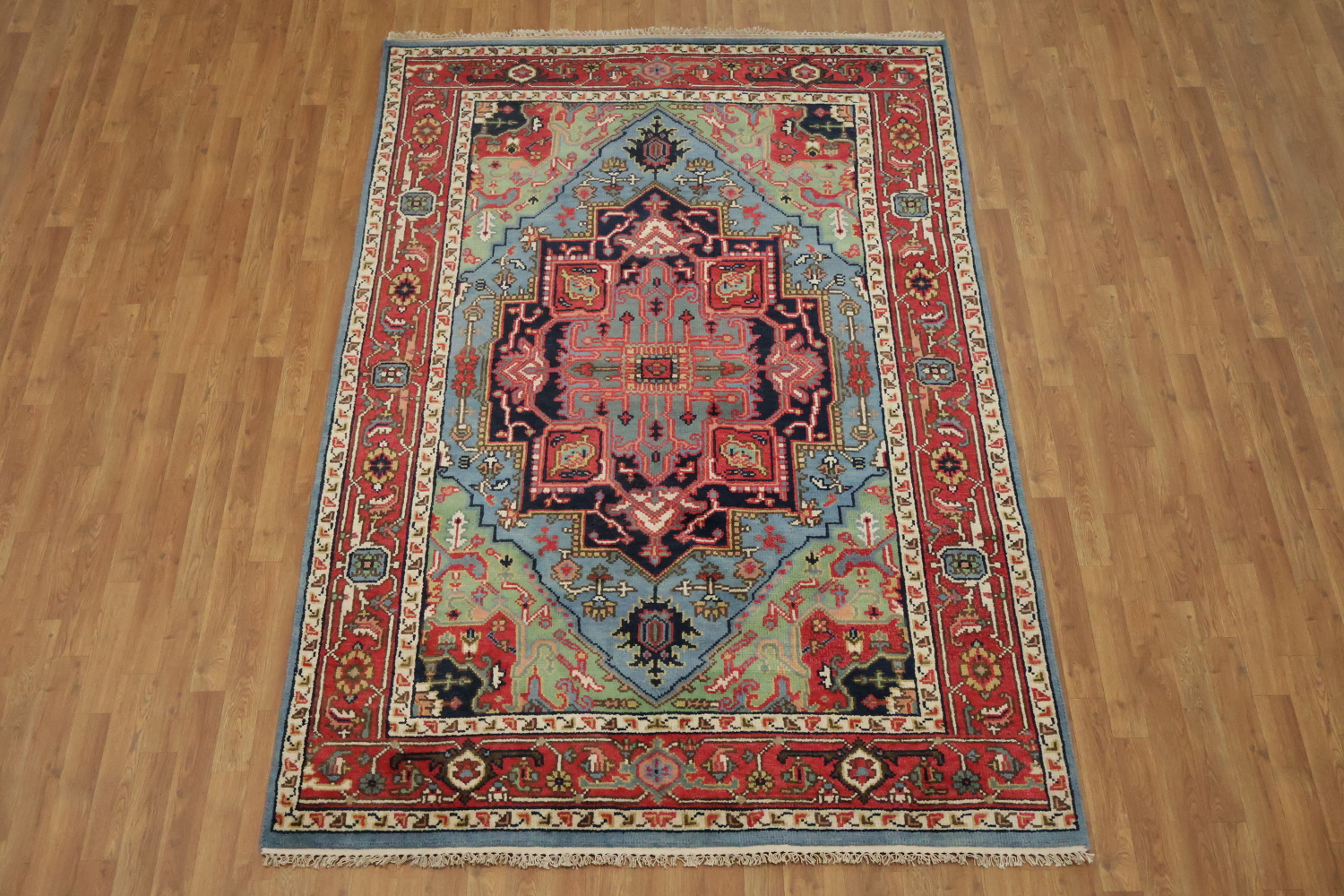 Traditional Light Blue and Pink Hand-Knotted Wool Rug 6'x9'