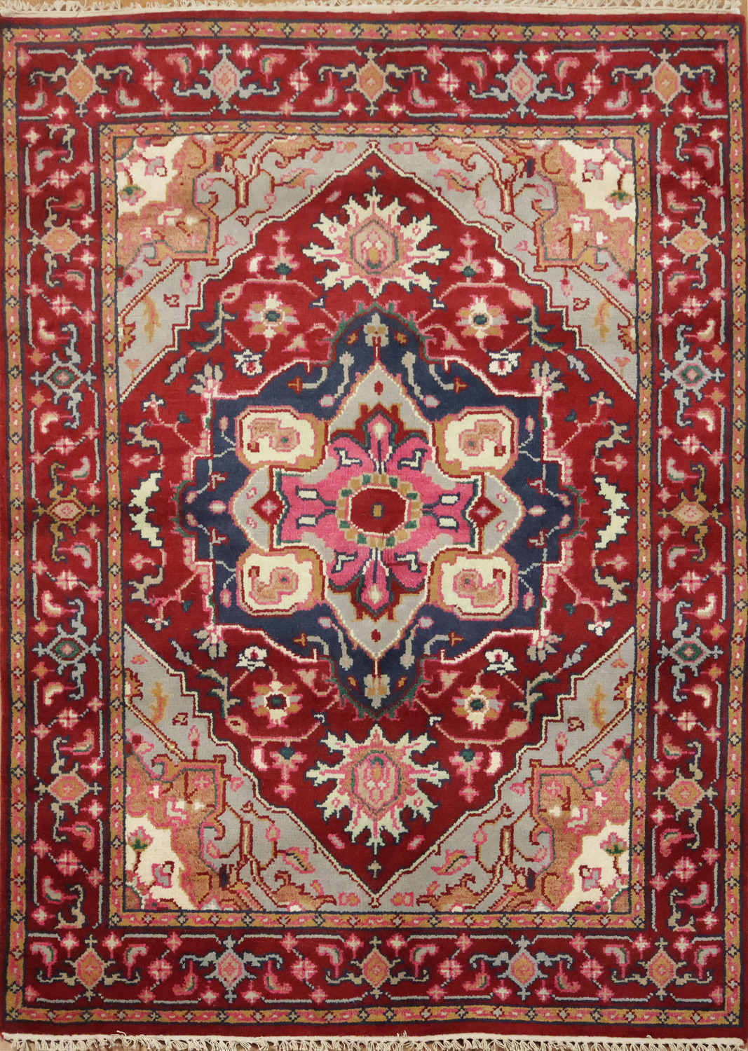 Bold Red and Navy Heriz Serapi Wool Area Rug 5x7