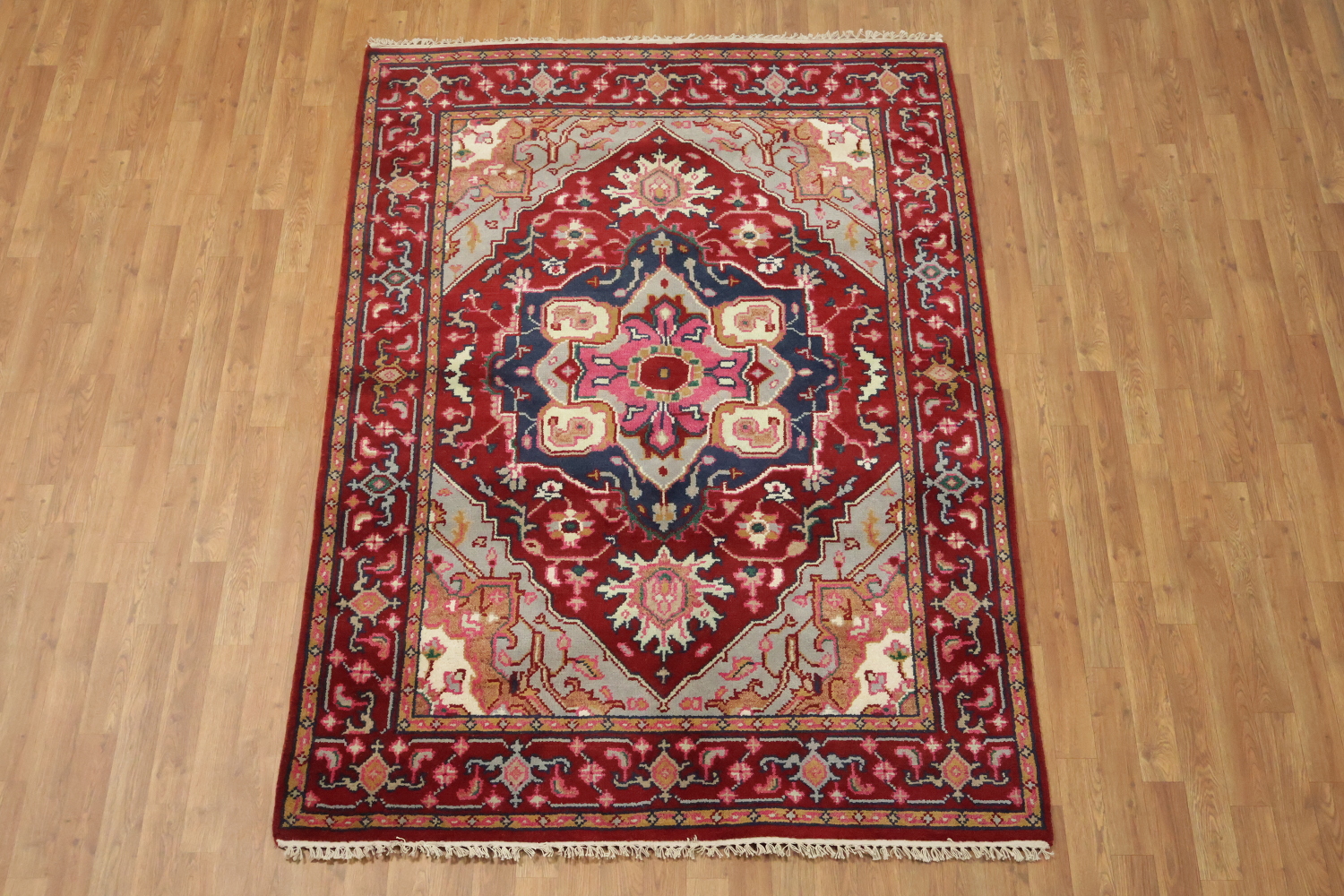 Bold Red and Navy Heriz Serapi Wool Area Rug 5x7
