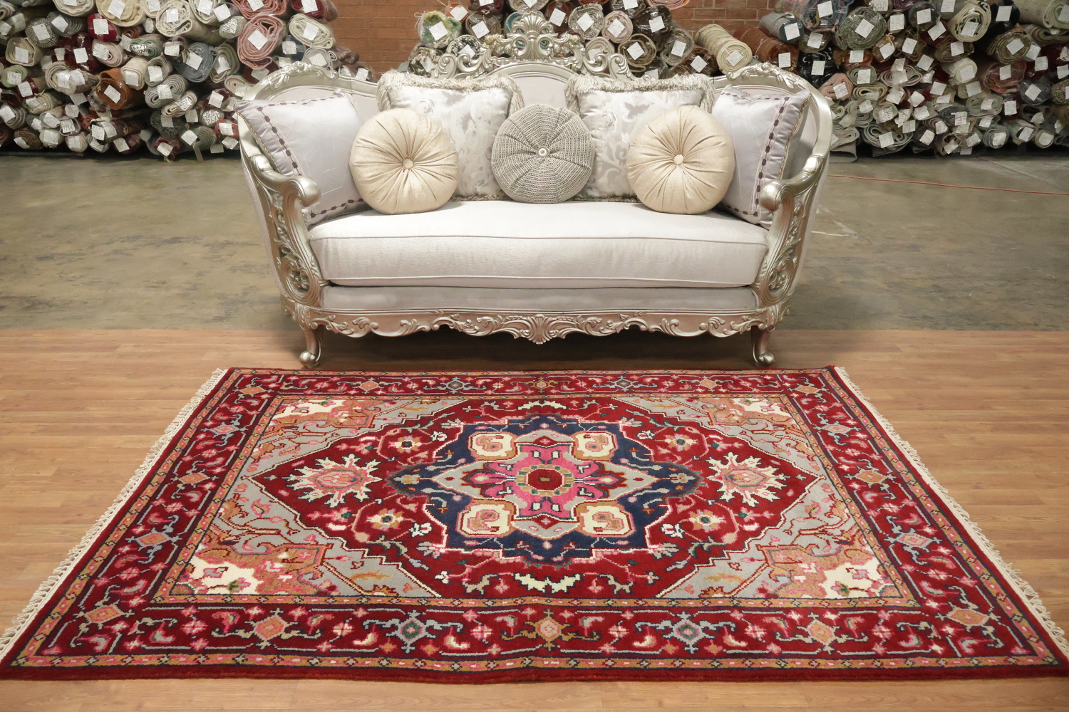 Bold Red and Navy Heriz Serapi Wool Area Rug 5x7