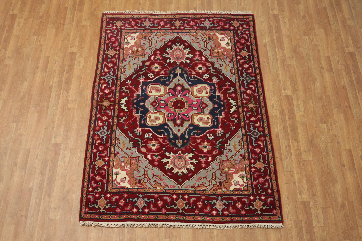 Bold Red and Navy Heriz Serapi Wool Area Rug 5x7