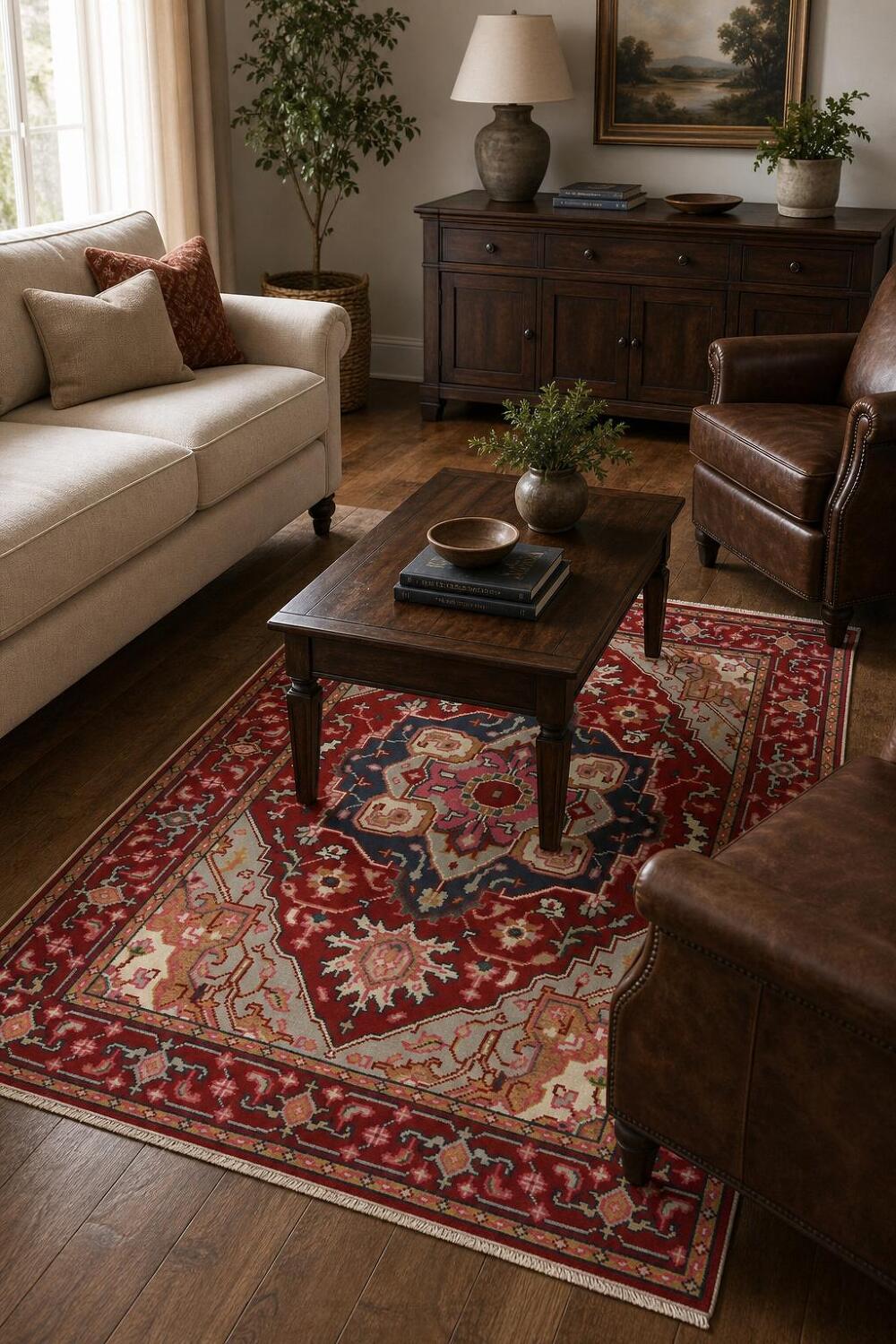 Bold Red and Navy Heriz Serapi Wool Area Rug 5x7