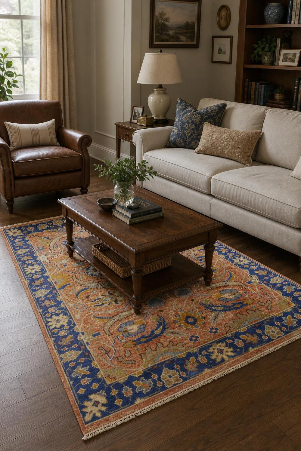 Intricate Floral Orange Rug with Vibrant Blue Border Accent 5'x7'