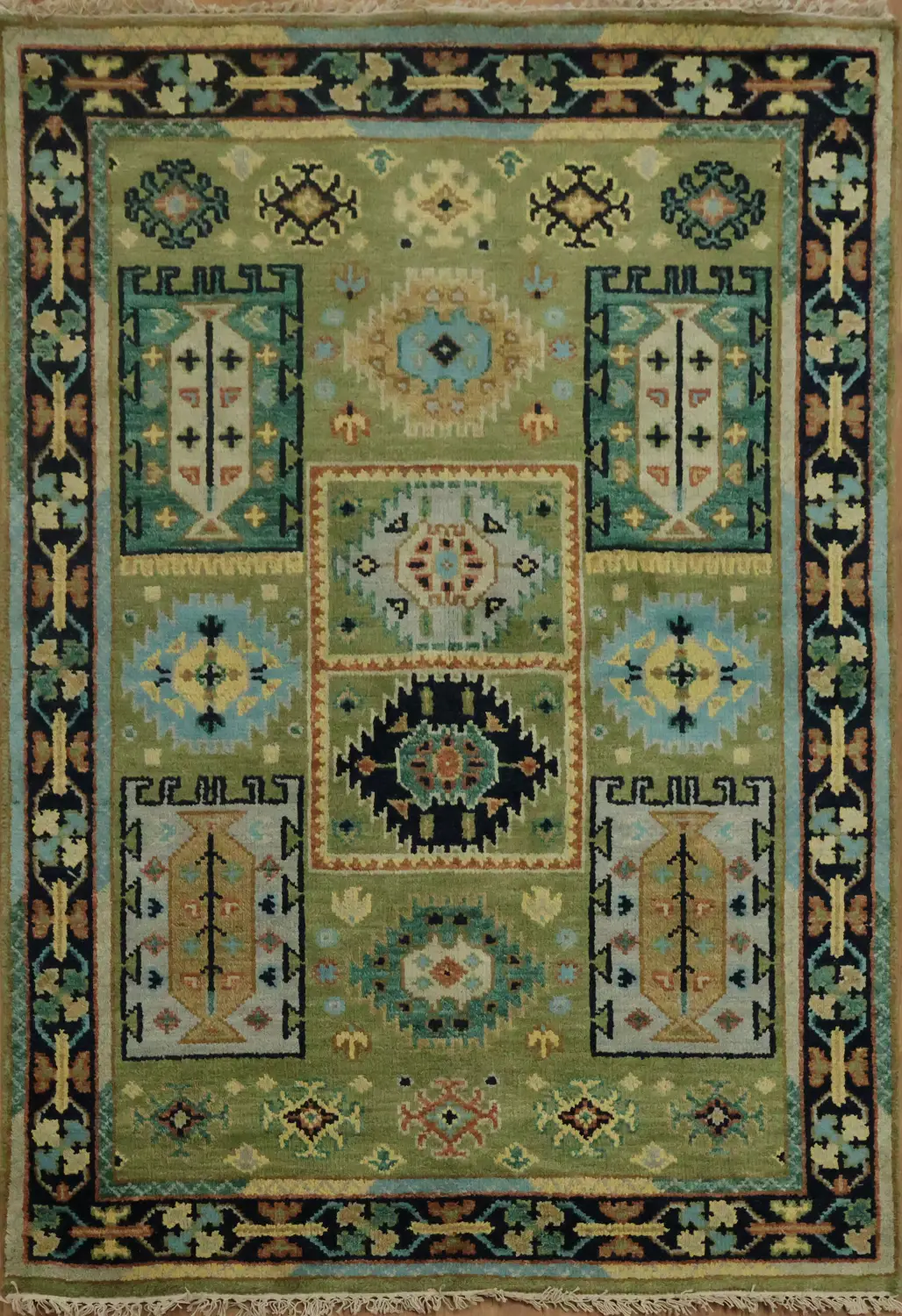 Exquisite Green and Blue Aztec-Inspired Wool Rug 4x6
