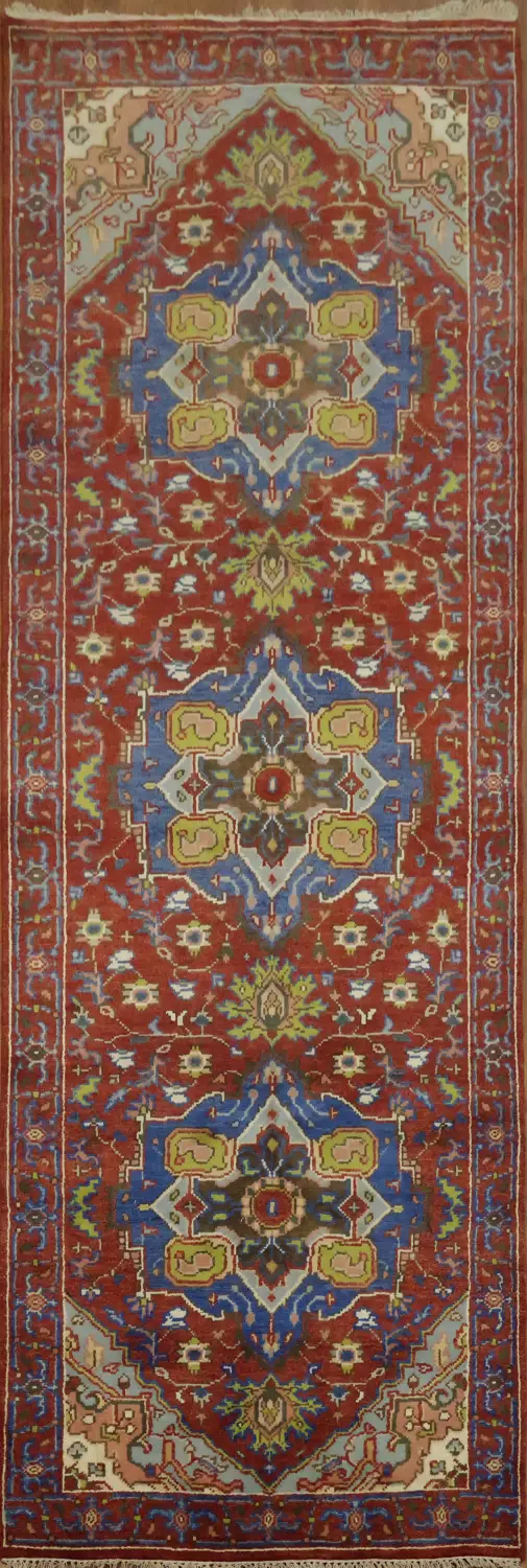 Traditional Red and Blue Heriz Serapi Long Runner Rug 4'x12'