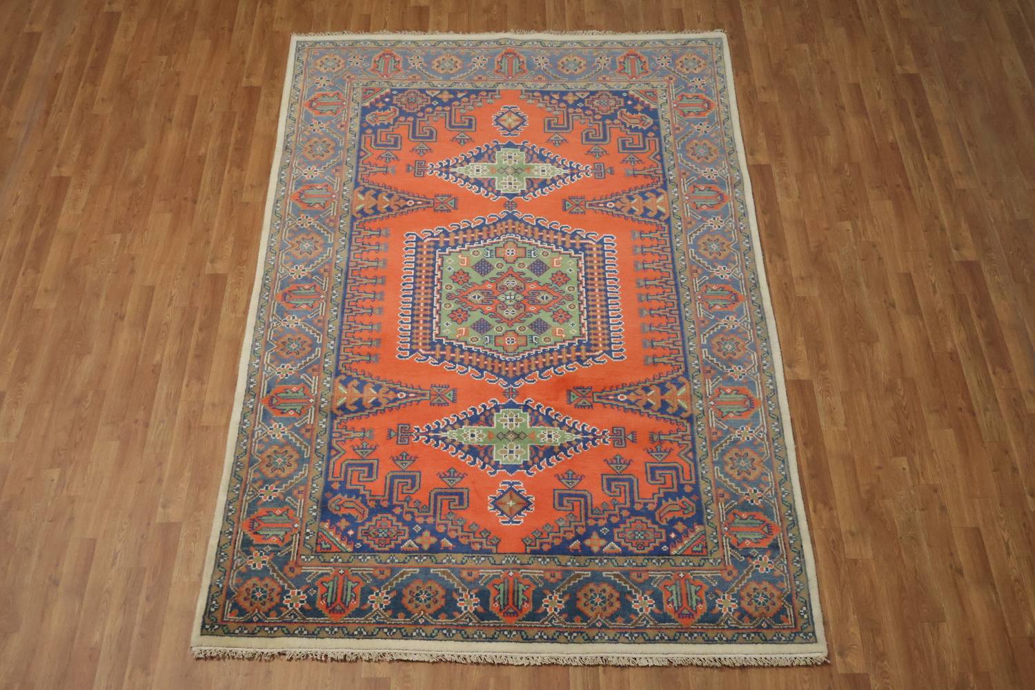 Vibrant Geometric Pattern Orange and Green Viss Area Rug 6x9 ft