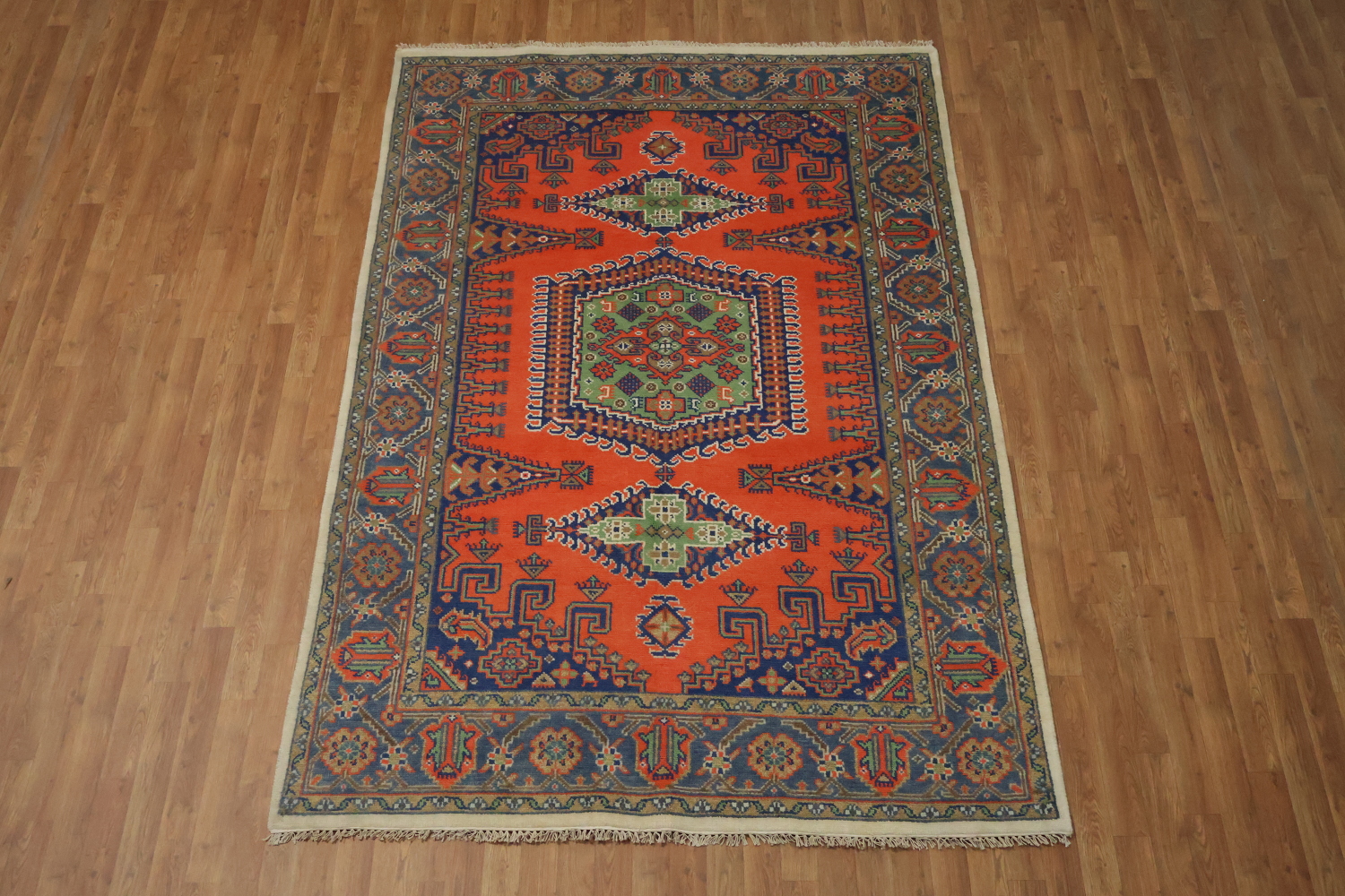 Vibrant Geometric Pattern Orange and Green Viss Area Rug 6x9 ft