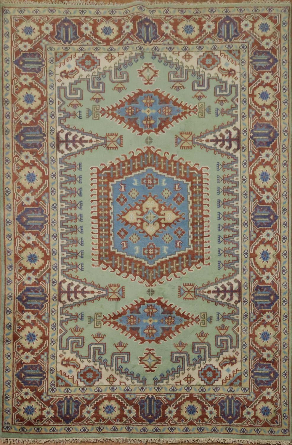 Traditional tribal Mint Green Viss Rug with Detailed Blue Centerpiece 6'x9'