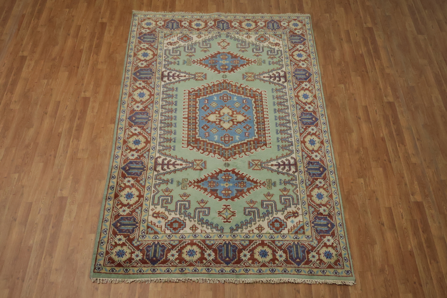 Traditional tribal Mint Green Viss Rug with Detailed Blue Centerpiece 6'x9'