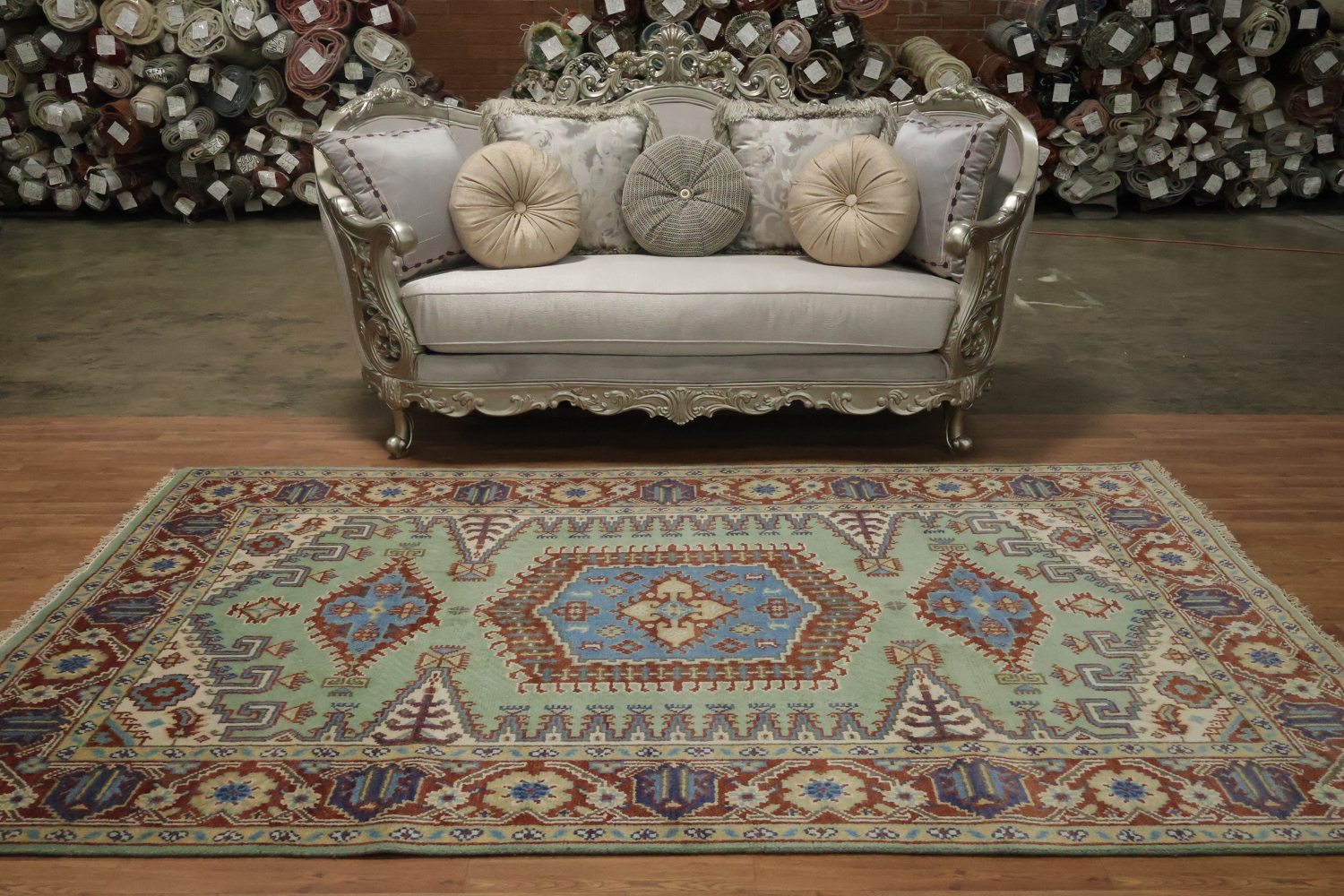 Traditional tribal Mint Green Viss Rug with Detailed Blue Centerpiece 6'x9'