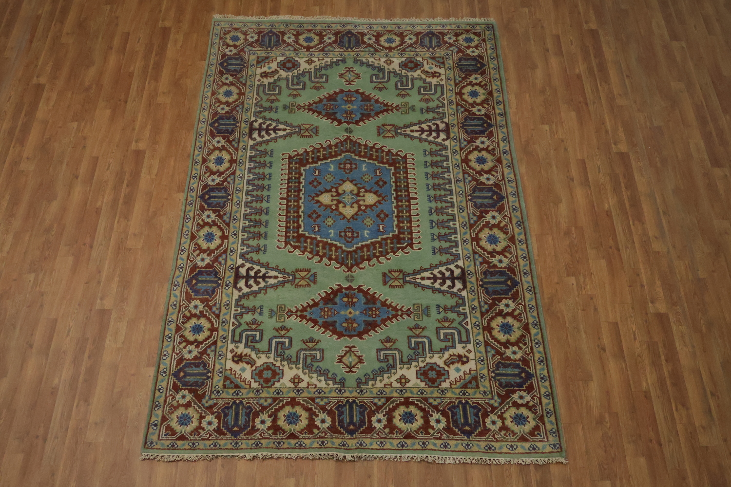 Traditional tribal Mint Green Viss Rug with Detailed Blue Centerpiece 6'x9'