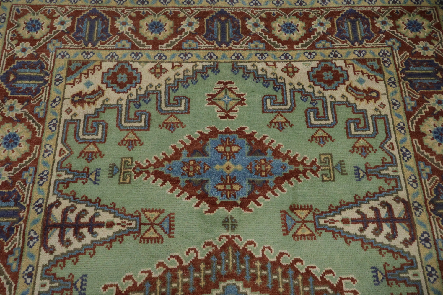Traditional tribal Mint Green Viss Rug with Detailed Blue Centerpiece 6'x9'