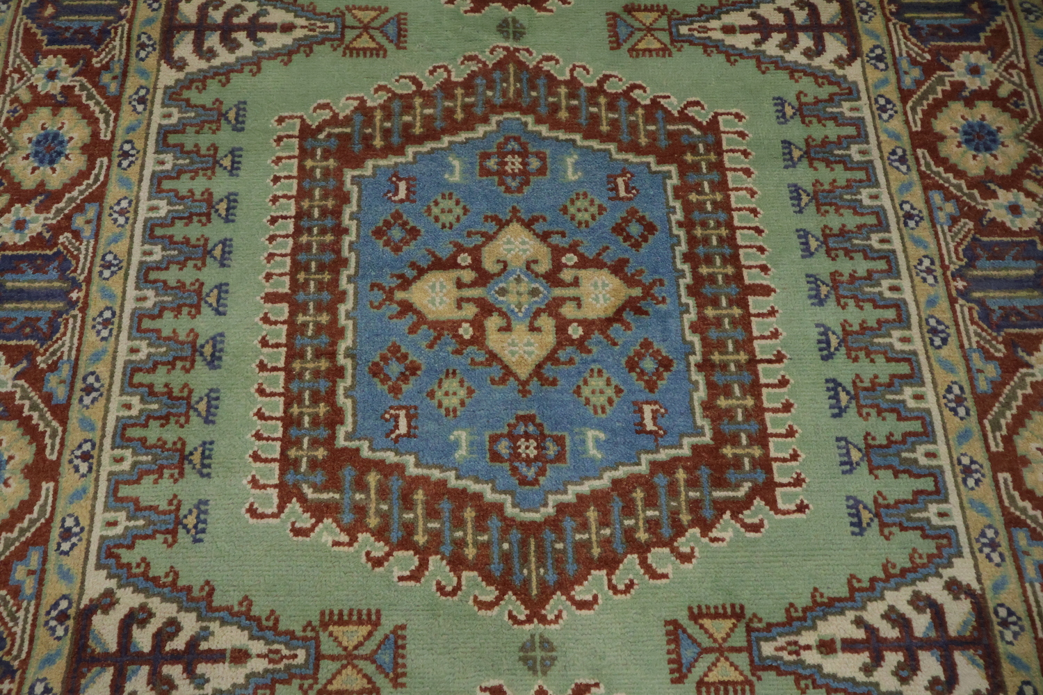 Traditional tribal Mint Green Viss Rug with Detailed Blue Centerpiece 6'x9'