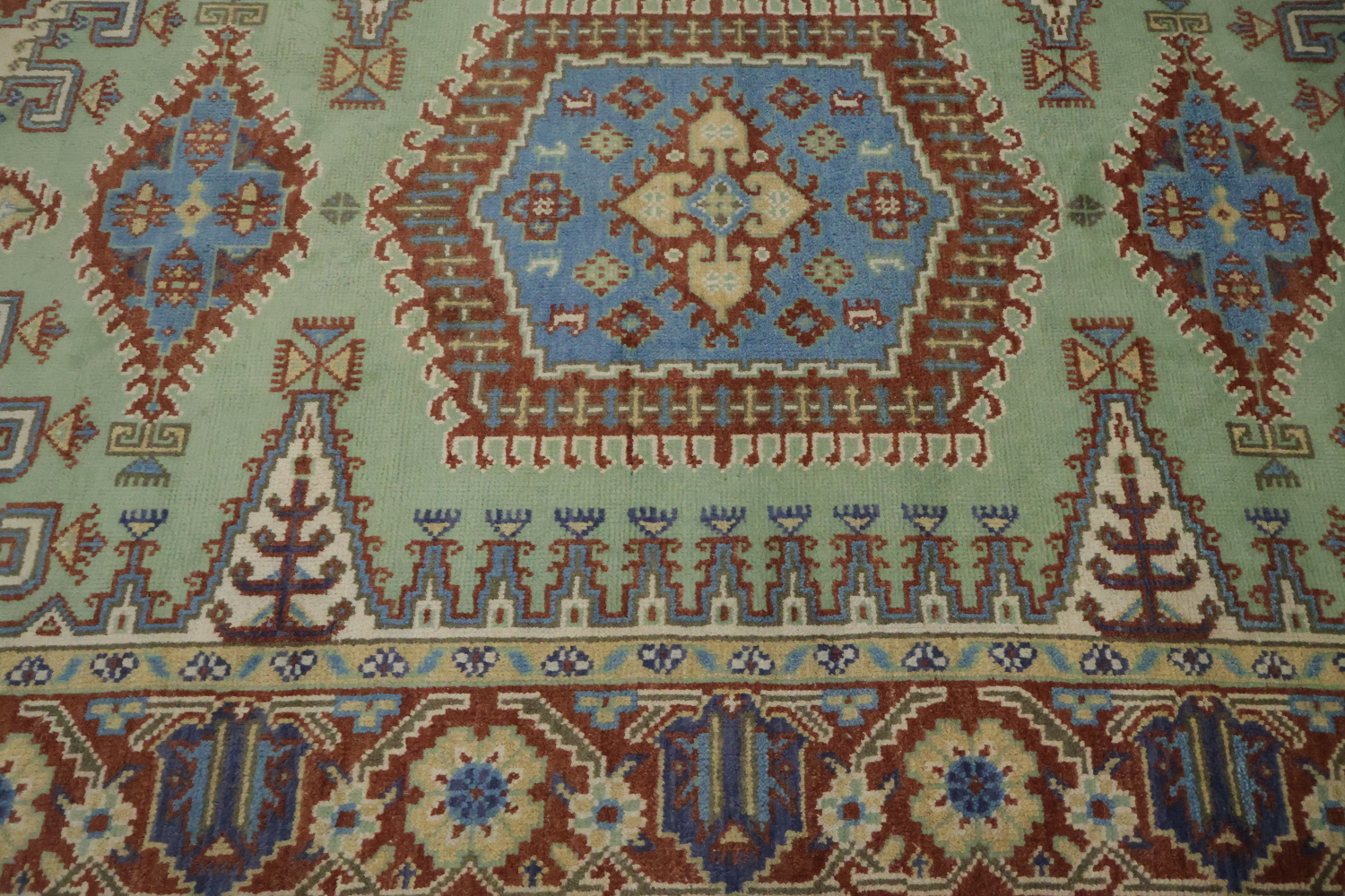 Traditional tribal Mint Green Viss Rug with Detailed Blue Centerpiece 6'x9'