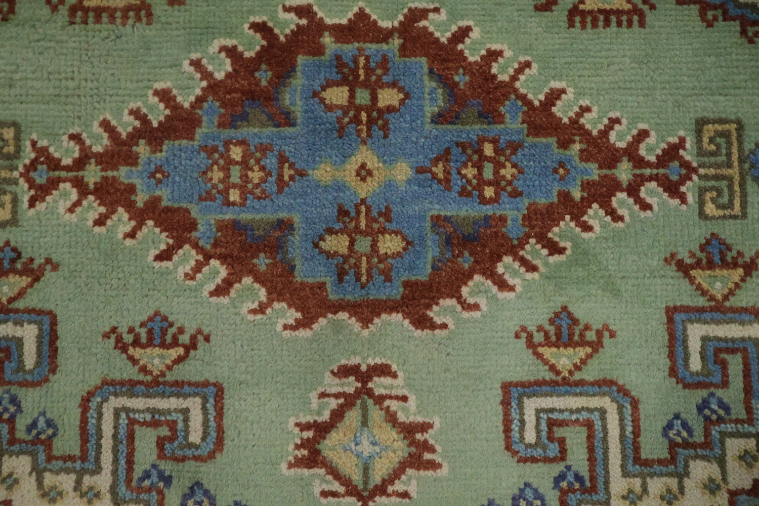 Traditional tribal Mint Green Viss Rug with Detailed Blue Centerpiece 6'x9'