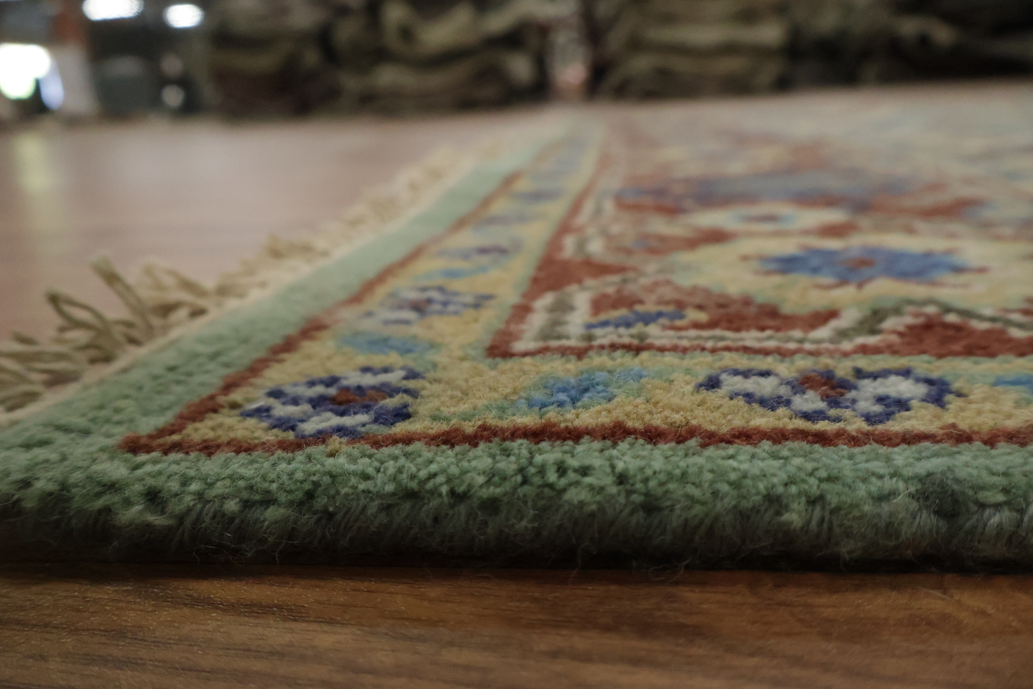 Traditional tribal Mint Green Viss Rug with Detailed Blue Centerpiece 6'x9'