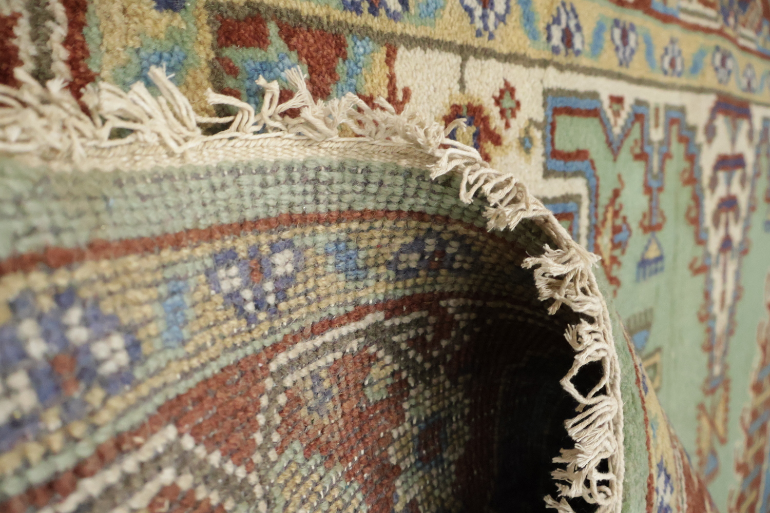 Traditional tribal Mint Green Viss Rug with Detailed Blue Centerpiece 6'x9'