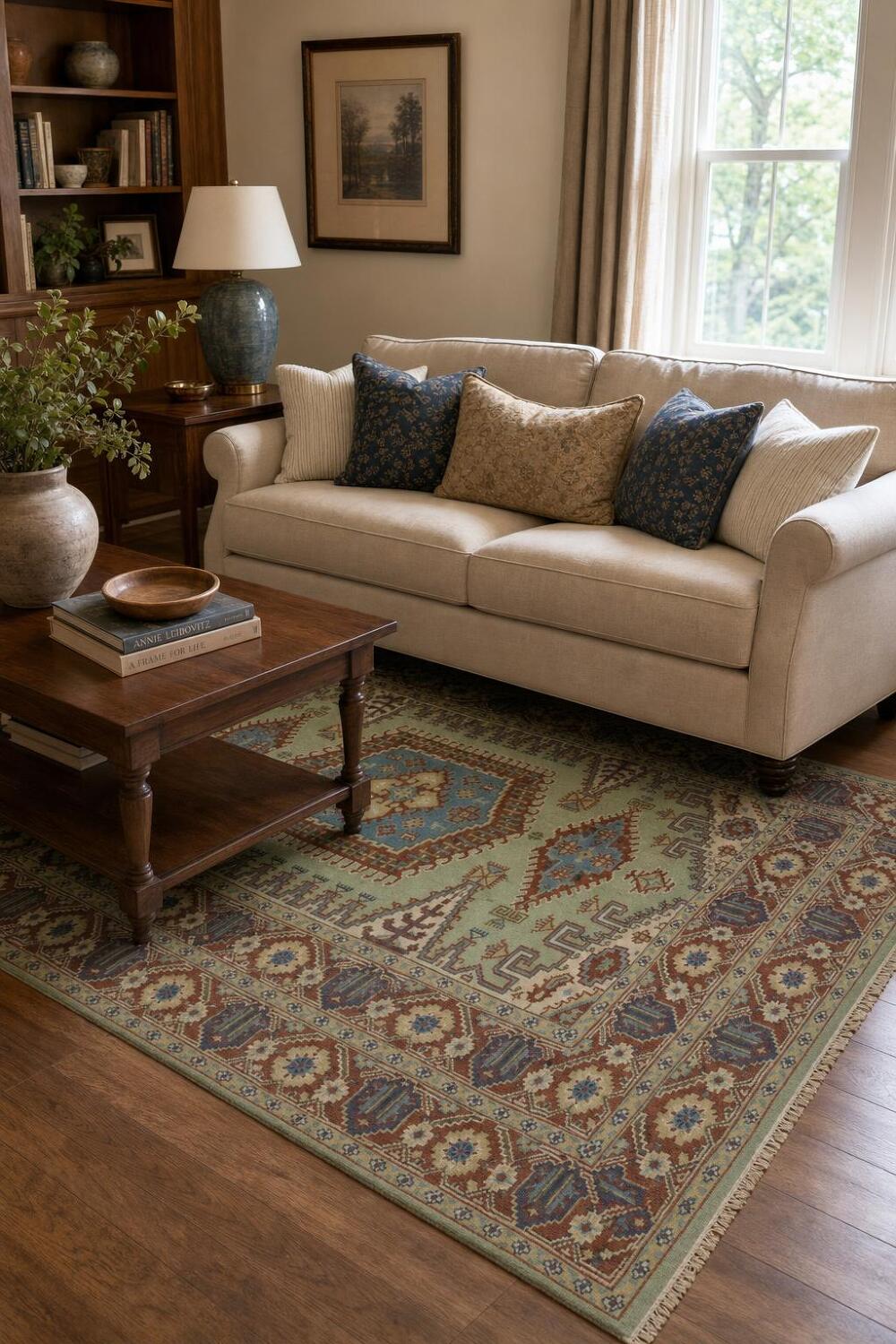 Traditional tribal Mint Green Viss Rug with Detailed Blue Centerpiece 6'x9'