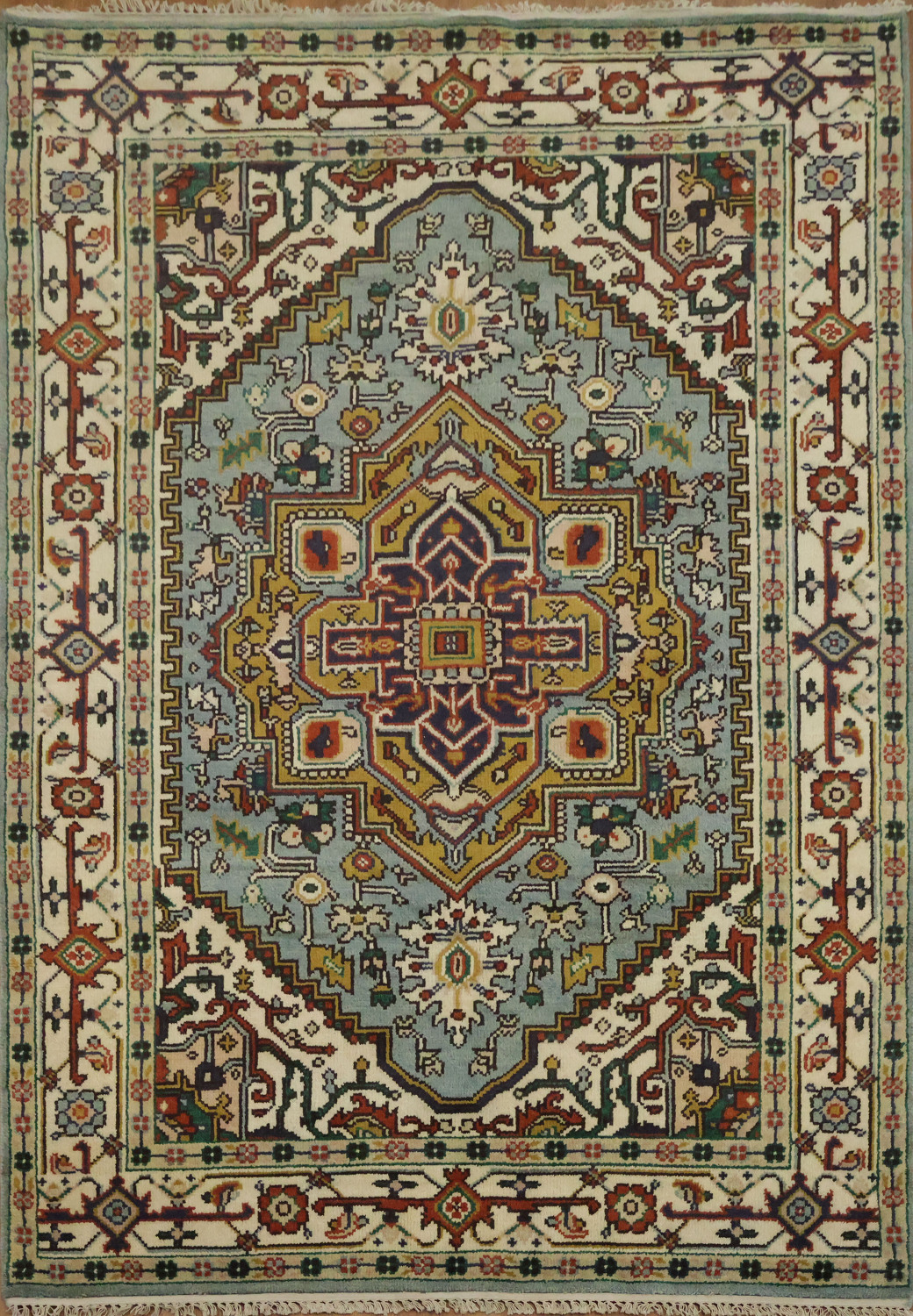 Light Blue Heriz Medallion Rug with Intricate Geometric Patterns 6'x9'