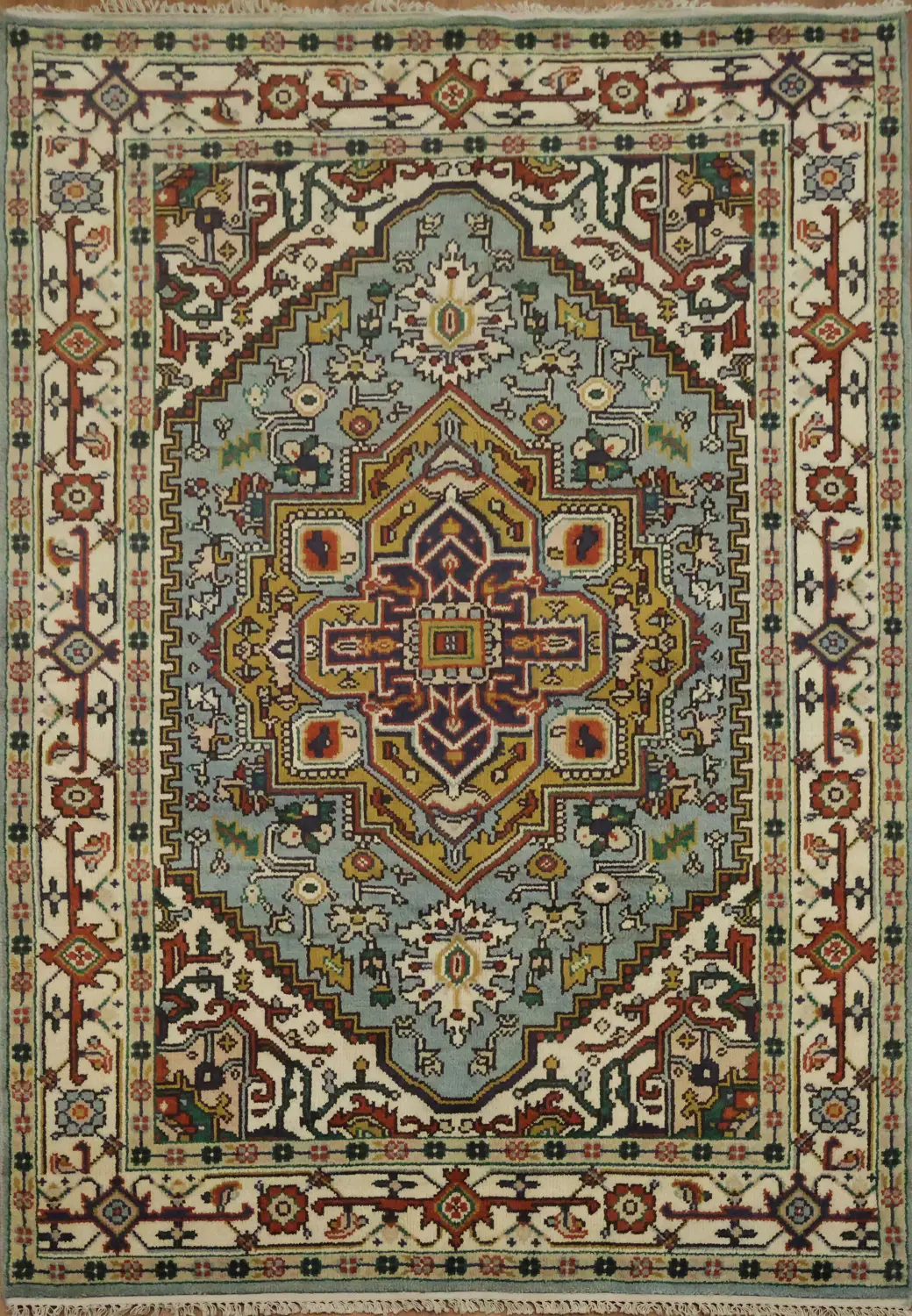 Light Blue Heriz Medallion Rug with Intricate Geometric Patterns 6'x9'
