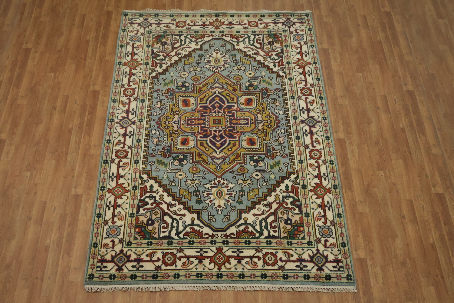 Light Blue Heriz Medallion Rug with Intricate Geometric Patterns 6'x9'