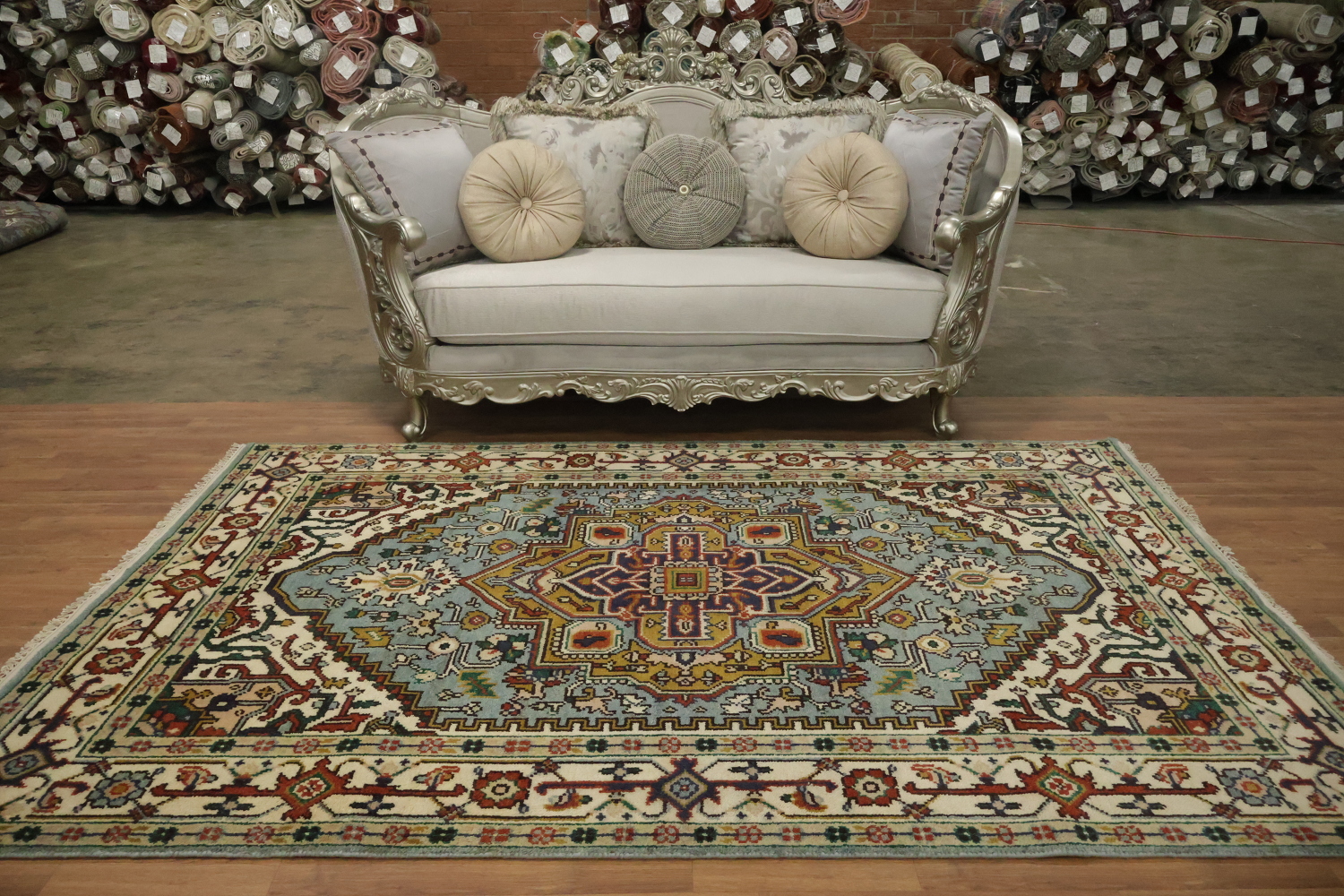 Light Blue Heriz Medallion Rug with Intricate Geometric Patterns 6'x9'