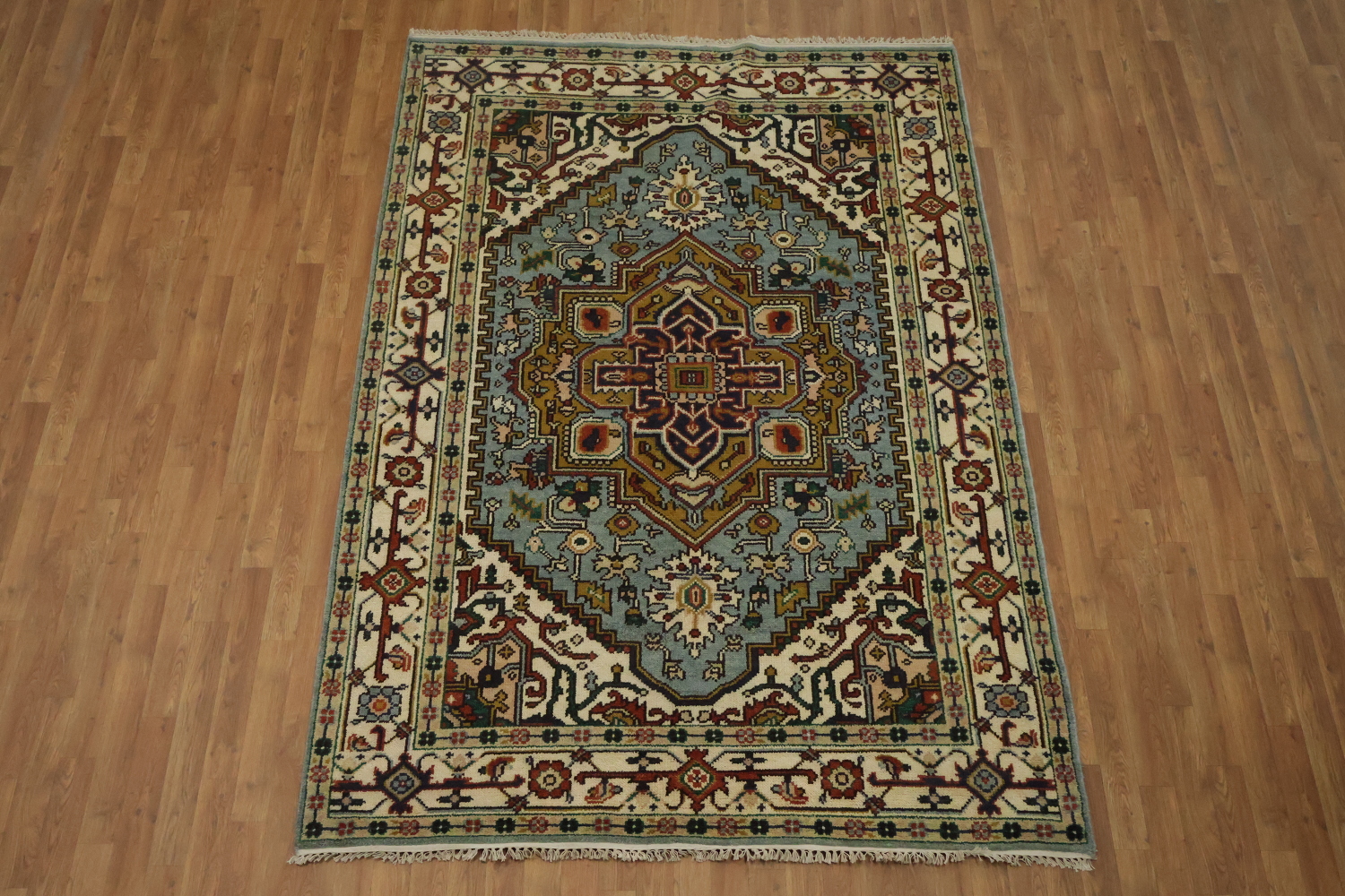 Light Blue Heriz Medallion Rug with Intricate Geometric Patterns 6'x9'