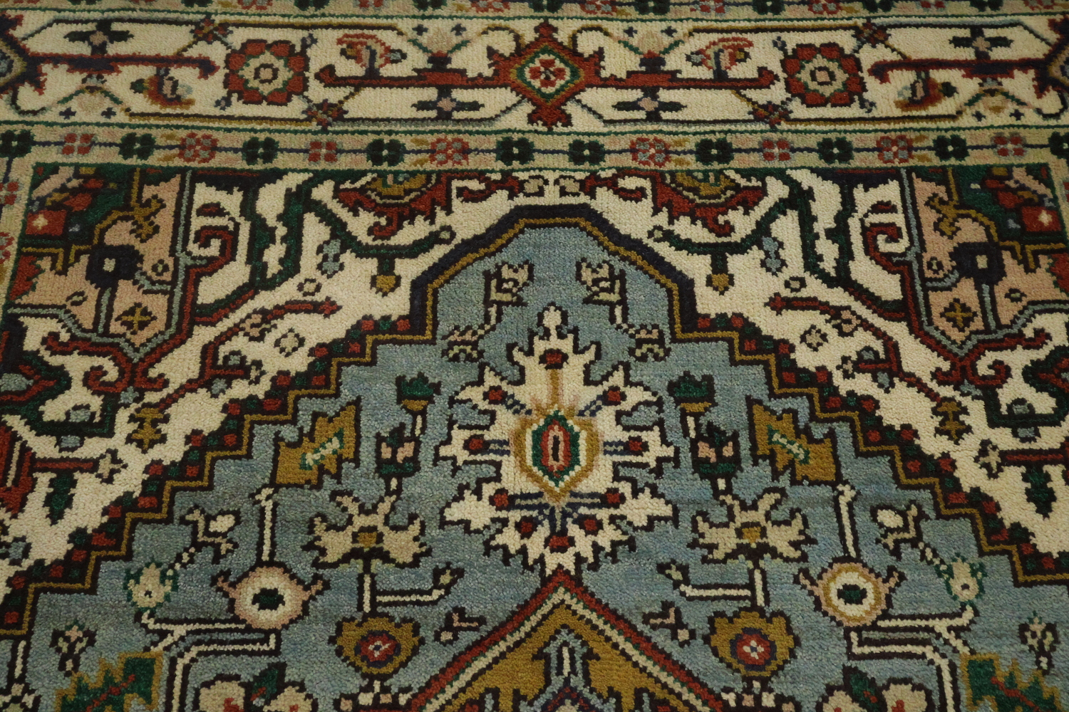 Light Blue Heriz Medallion Rug with Intricate Geometric Patterns 6'x9'