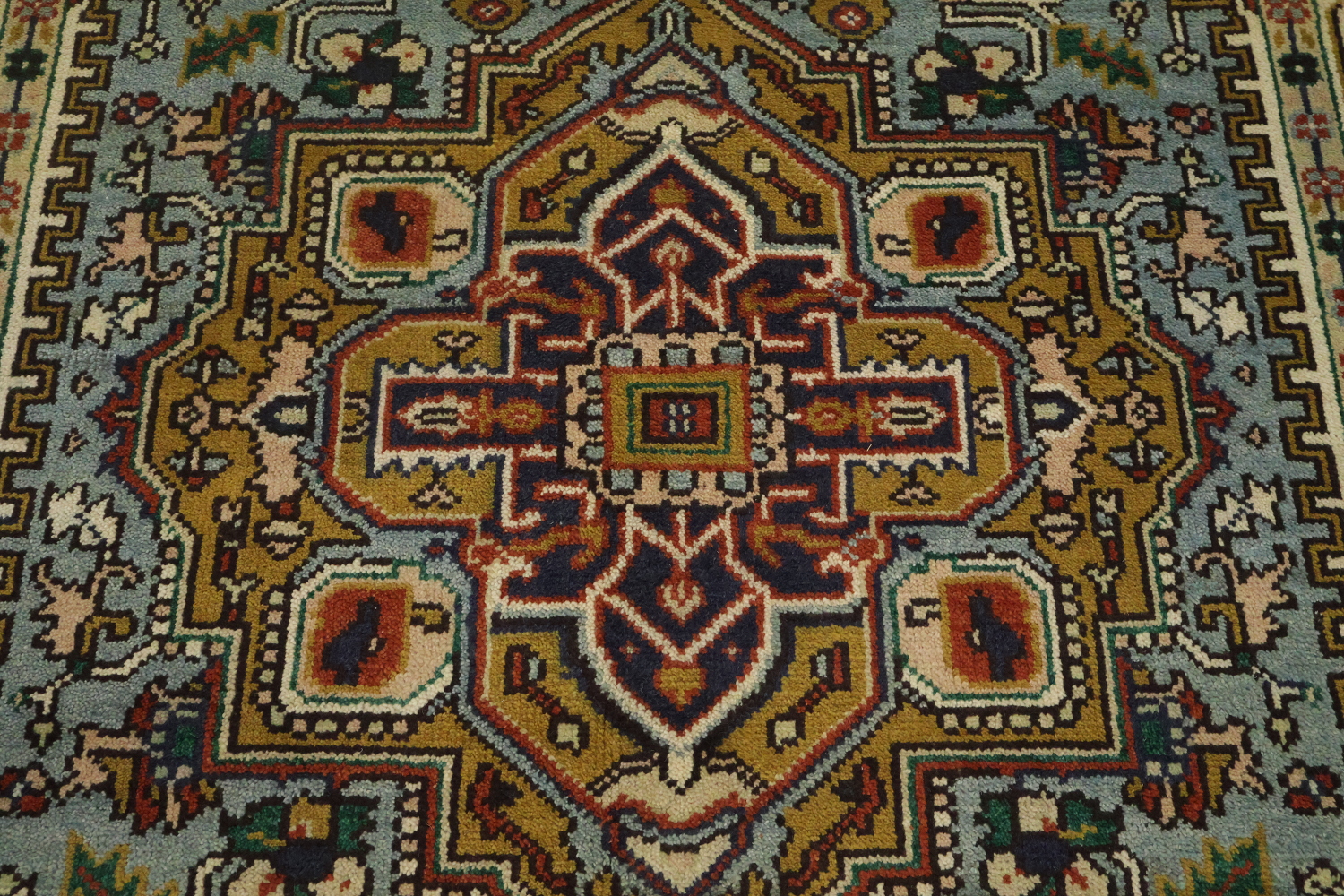 Light Blue Heriz Medallion Rug with Intricate Geometric Patterns 6'x9'