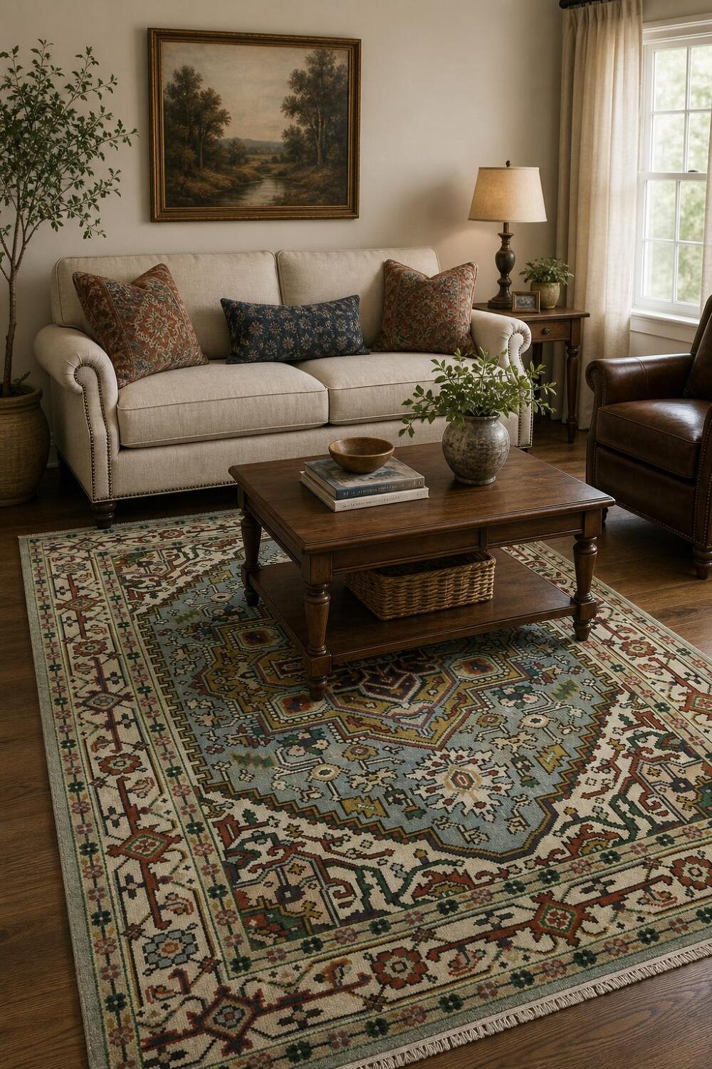 Light Blue Heriz Medallion Rug with Intricate Geometric Patterns 6'x9'