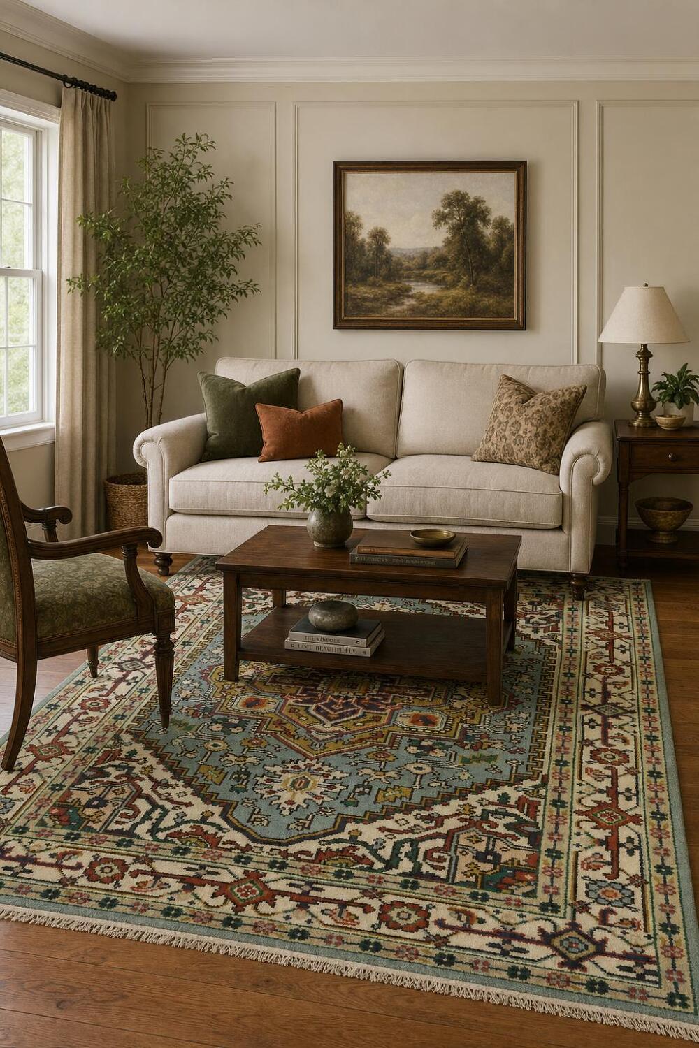 Light Blue Heriz Medallion Rug with Intricate Geometric Patterns 6'x9'