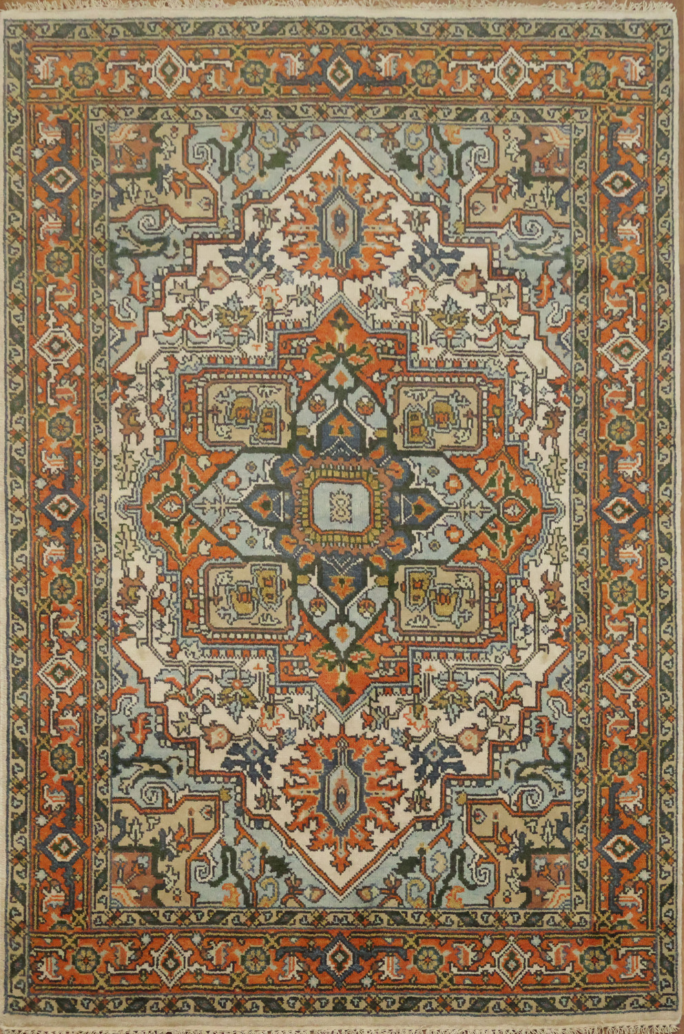 Exquisite Traditional Orange and Blue Heriz Serapi Area Rug 6'x9'