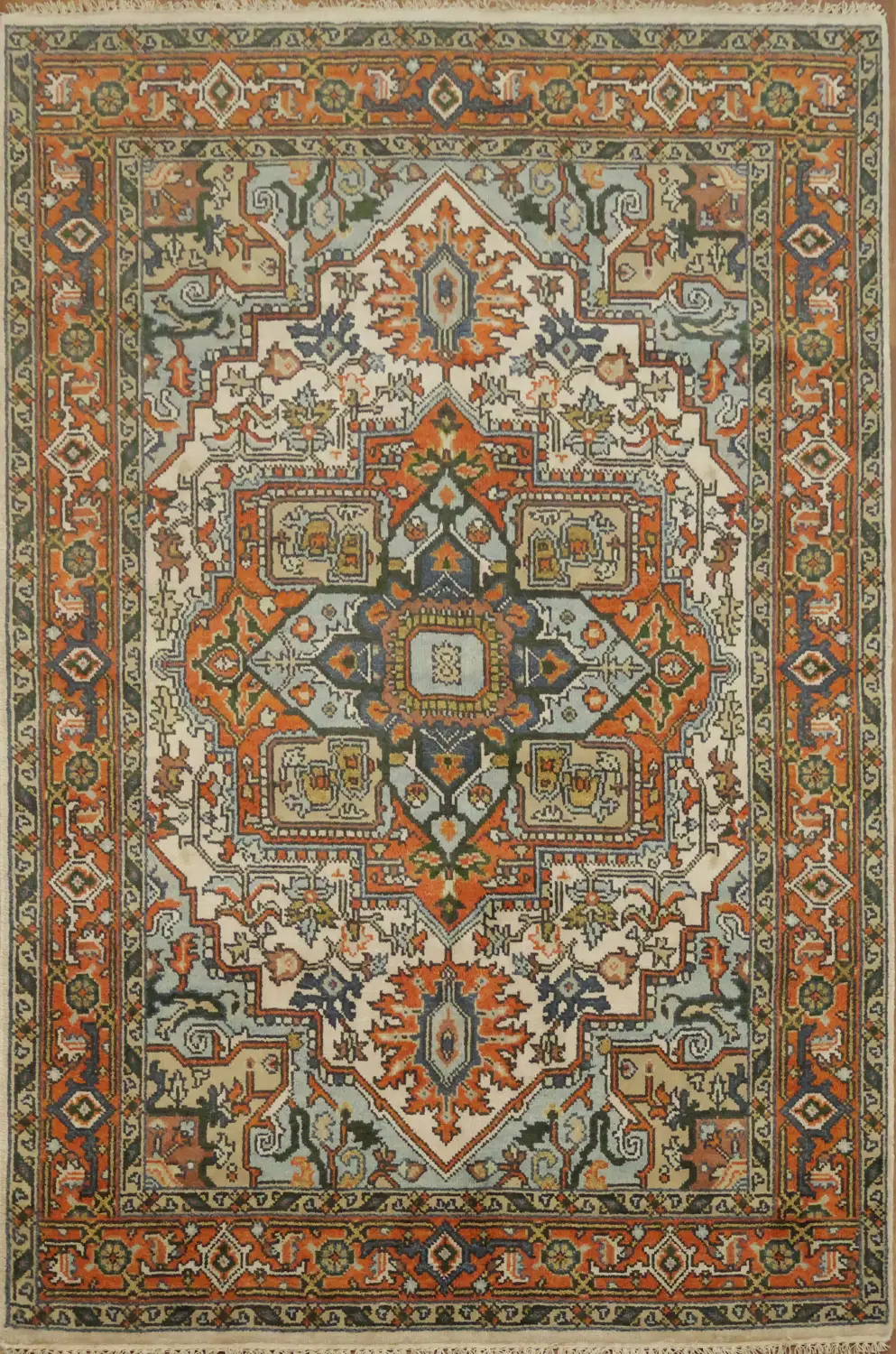 Exquisite Traditional Orange and Blue Heriz Serapi Area Rug 6'x9'