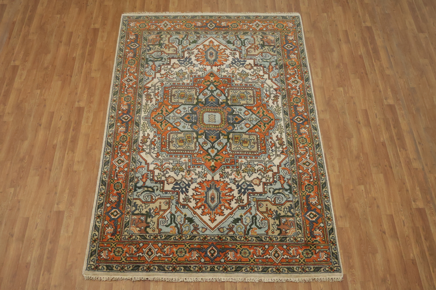 Exquisite Traditional Orange and Blue Heriz Serapi Area Rug 6'x9'