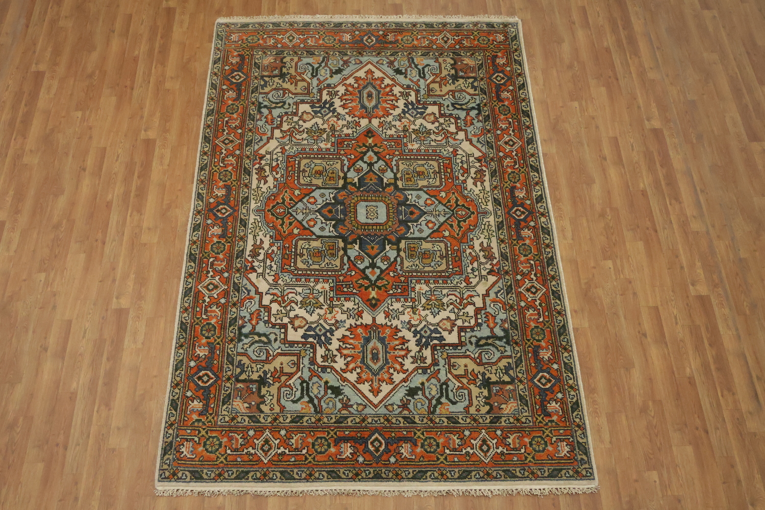 Exquisite Traditional Orange and Blue Heriz Serapi Area Rug 6'x9'