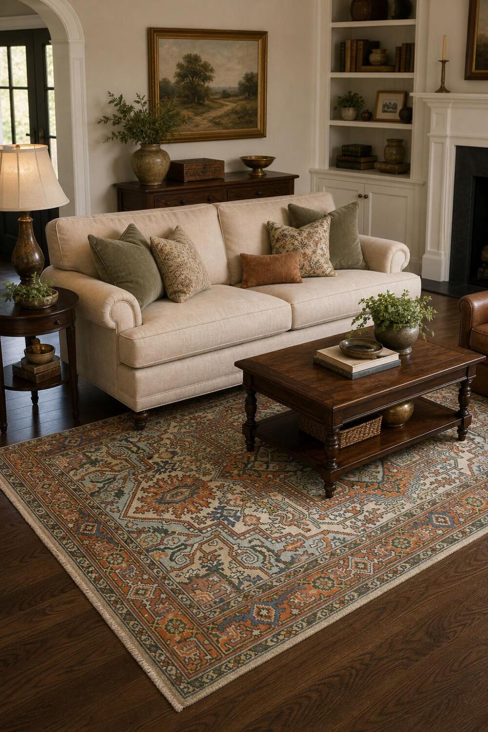Exquisite Traditional Orange and Blue Heriz Serapi Area Rug 6'x9'
