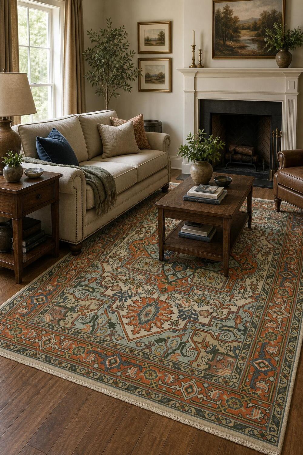 Exquisite Traditional Orange and Blue Heriz Serapi Area Rug 6'x9'