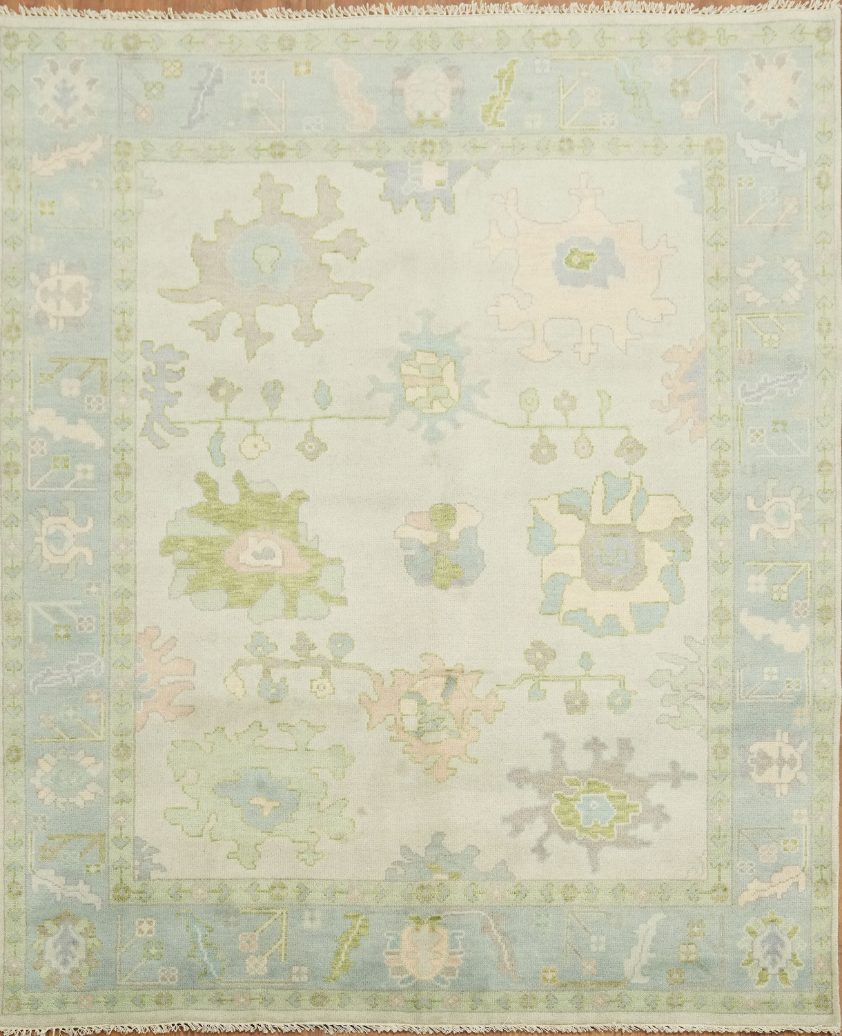 Pale Green Oushak Hand-Knotted Wool Rug Featuring Earthy Pastel Colors 8x10