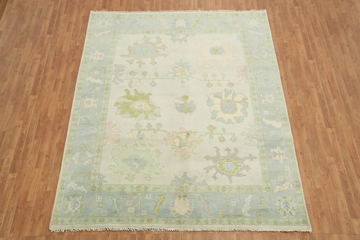 Pale Green Oushak Hand-Knotted Wool Rug Featuring Earthy Pastel Colors 8x10