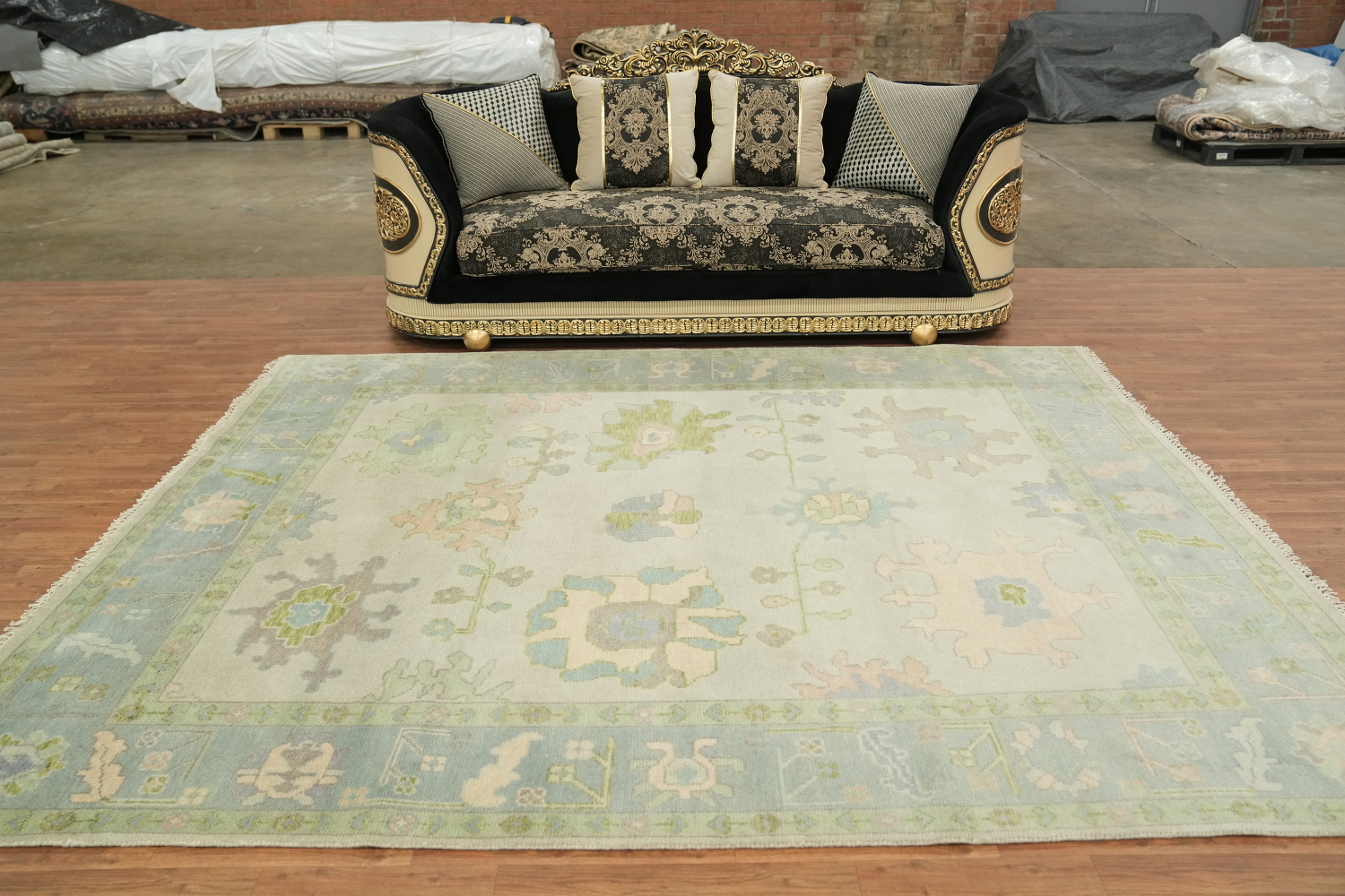 Pale Green Oushak Hand-Knotted Wool Rug Featuring Earthy Pastel Colors 8x10