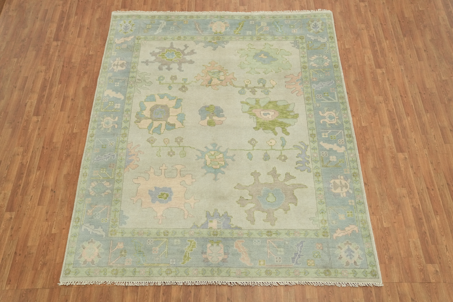 Pale Green Oushak Hand-Knotted Wool Rug Featuring Earthy Pastel Colors 8x10