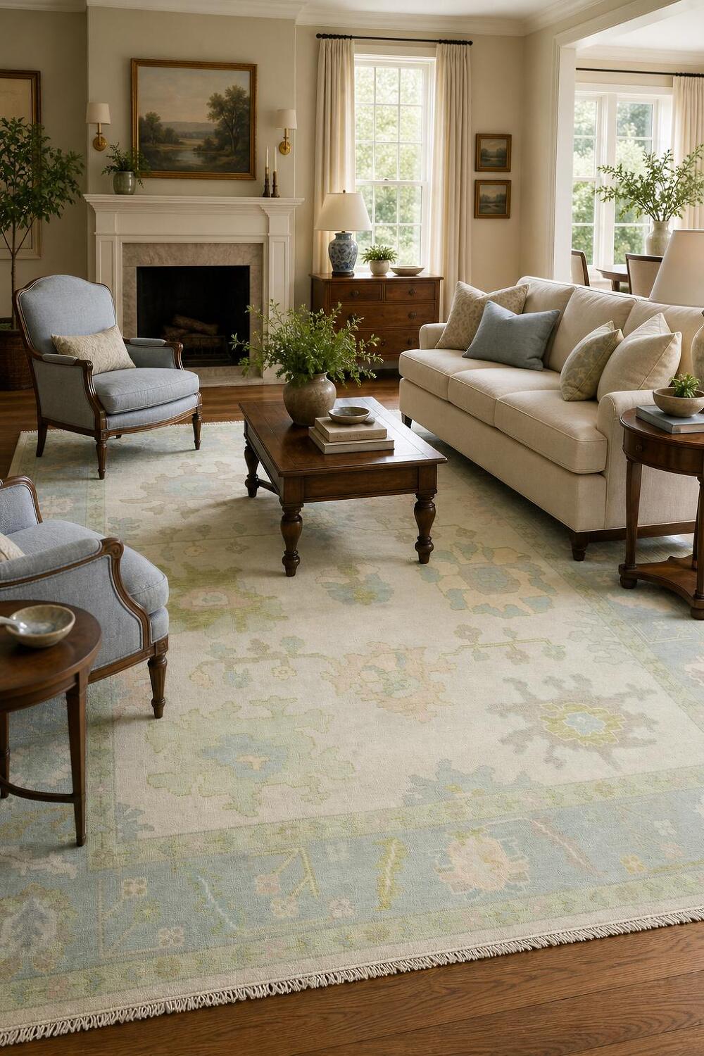 Pale Green Oushak Hand-Knotted Wool Rug Featuring Earthy Pastel Colors 8x10