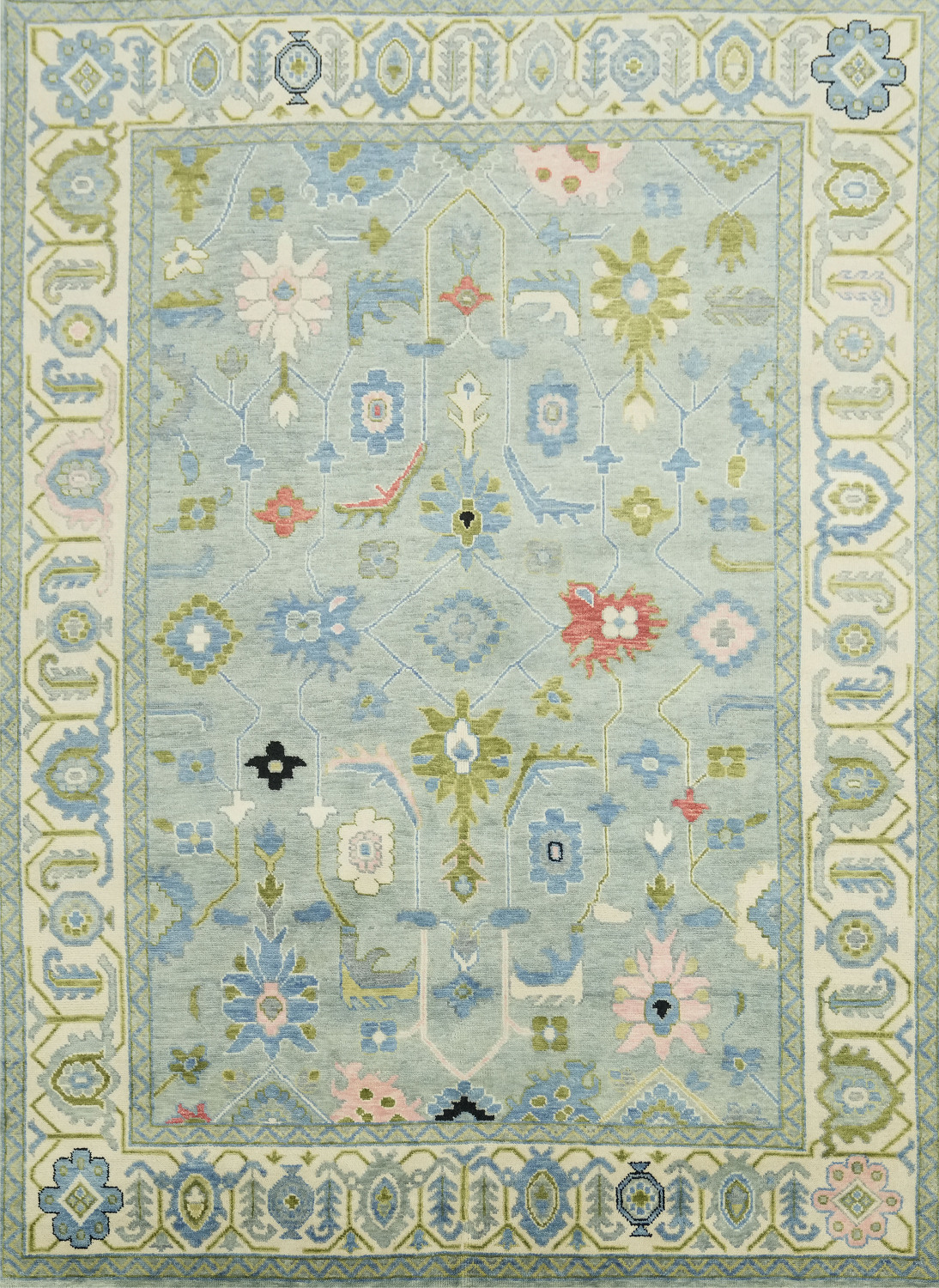 Charming Soft Blue Oushak Indian Rug with Intricate Floral Motifs 9x12 ft