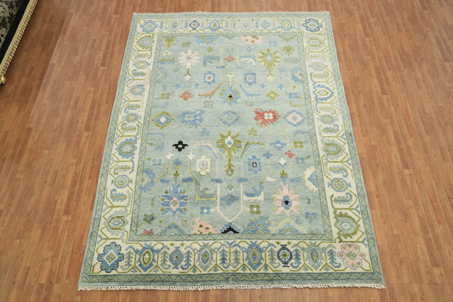 Charming Soft Blue Oushak Indian Rug with Intricate Floral Motifs 9x12 ft
