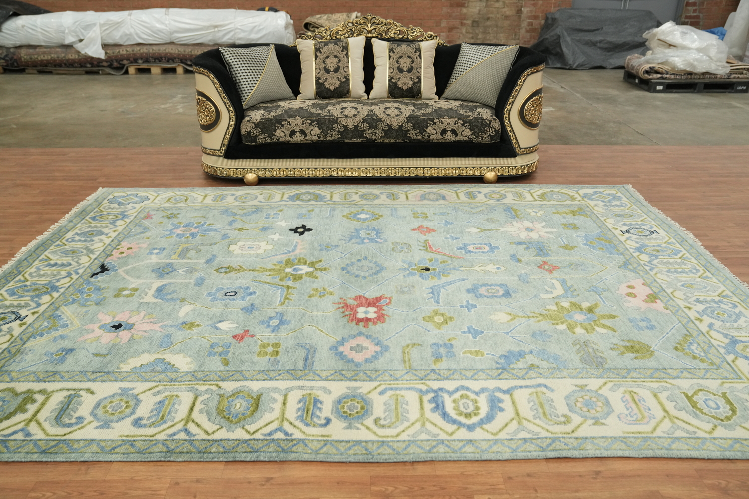 Charming Soft Blue Oushak Indian Rug with Intricate Floral Motifs 9x12 ft